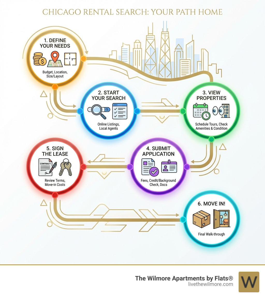 Infographic detailing the Chicago rental search process, including steps and key considerations - Chicago real estate rentals infographic 