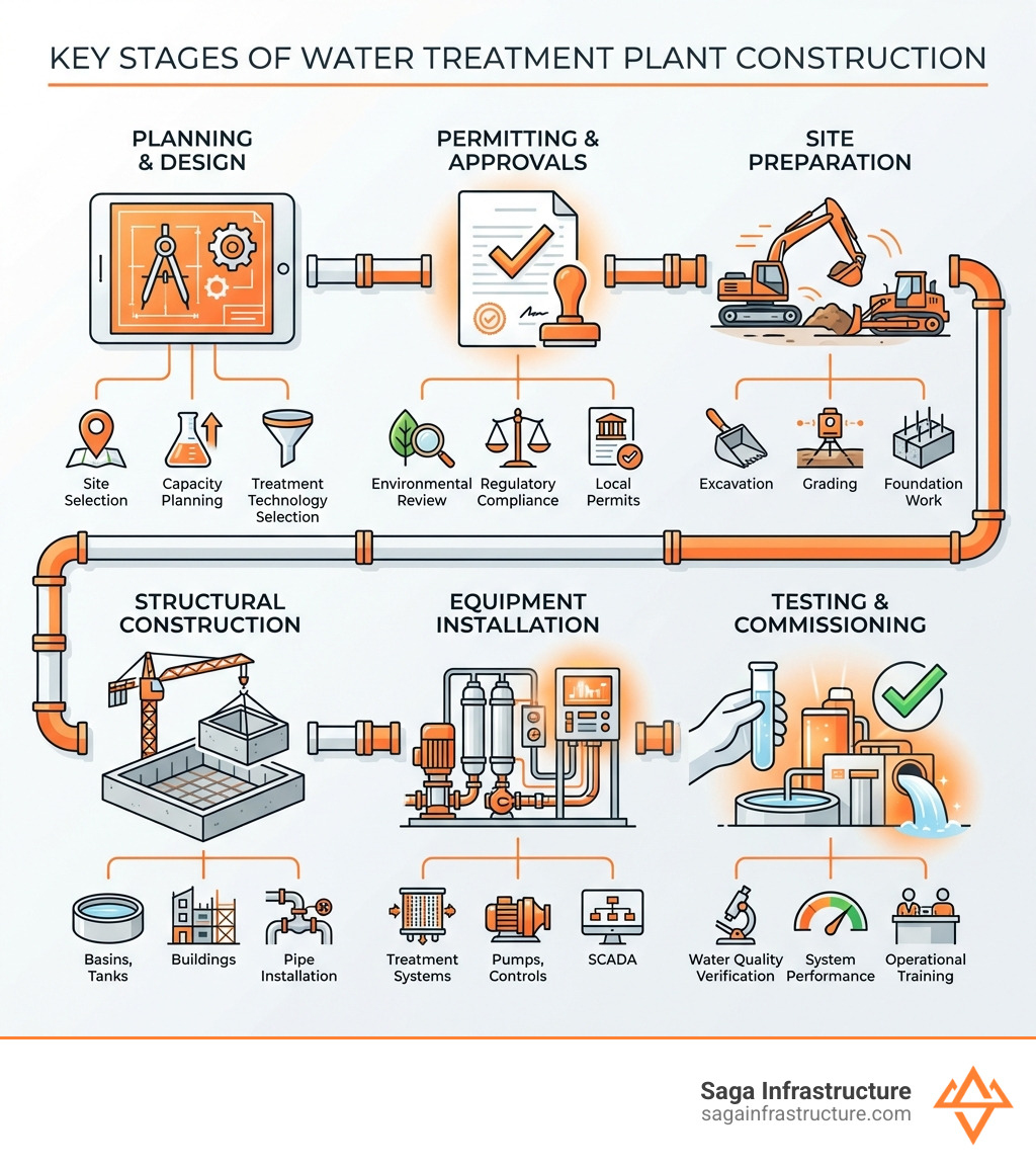 Infographic showing the key stages of water treatment plant construction: Planning and Design (site selection, capacity planning, treatment technology selection), Permitting and Approvals (environmental review, regulatory compliance, local permits), Site Preparation (excavation, grading, foundation work), Structural Construction (basins, tanks, buildings, pipe installation), Equipment Installation (treatment systems, pumps, controls, SCADA), and Testing and Commissioning (water quality verification, system performance, operational training) - water treatment plant construction infographic Infographic showing the key stages of water treatment plant construction: Planning and Design (site selection, capacity planning, treatment technology selection), Permitting and Approvals (environmental review, regulatory compliance, local permits), Site Preparation (excavation, grading, foundation work), Structural Construction (basins, tanks, buildings, pipe installation), Equipment Installation (treatment systems, pumps, controls, SCADA), and Testing and Commissioning (water quality verification, system performance, operational training) - water treatment plant construction infographic