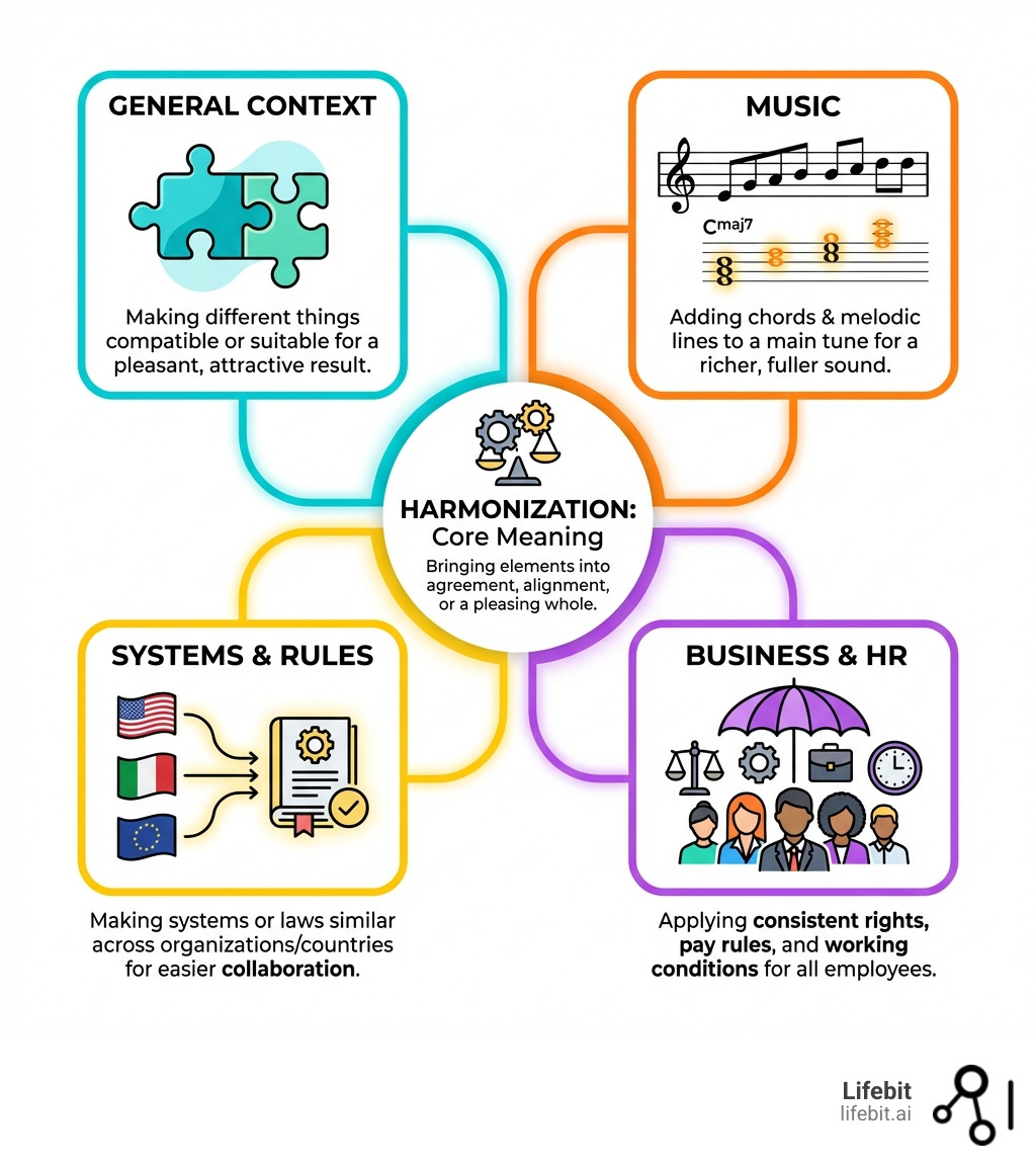 Infographic explaining the multiple meanings of harmonization across different contexts - what does harmonization mean infographic 