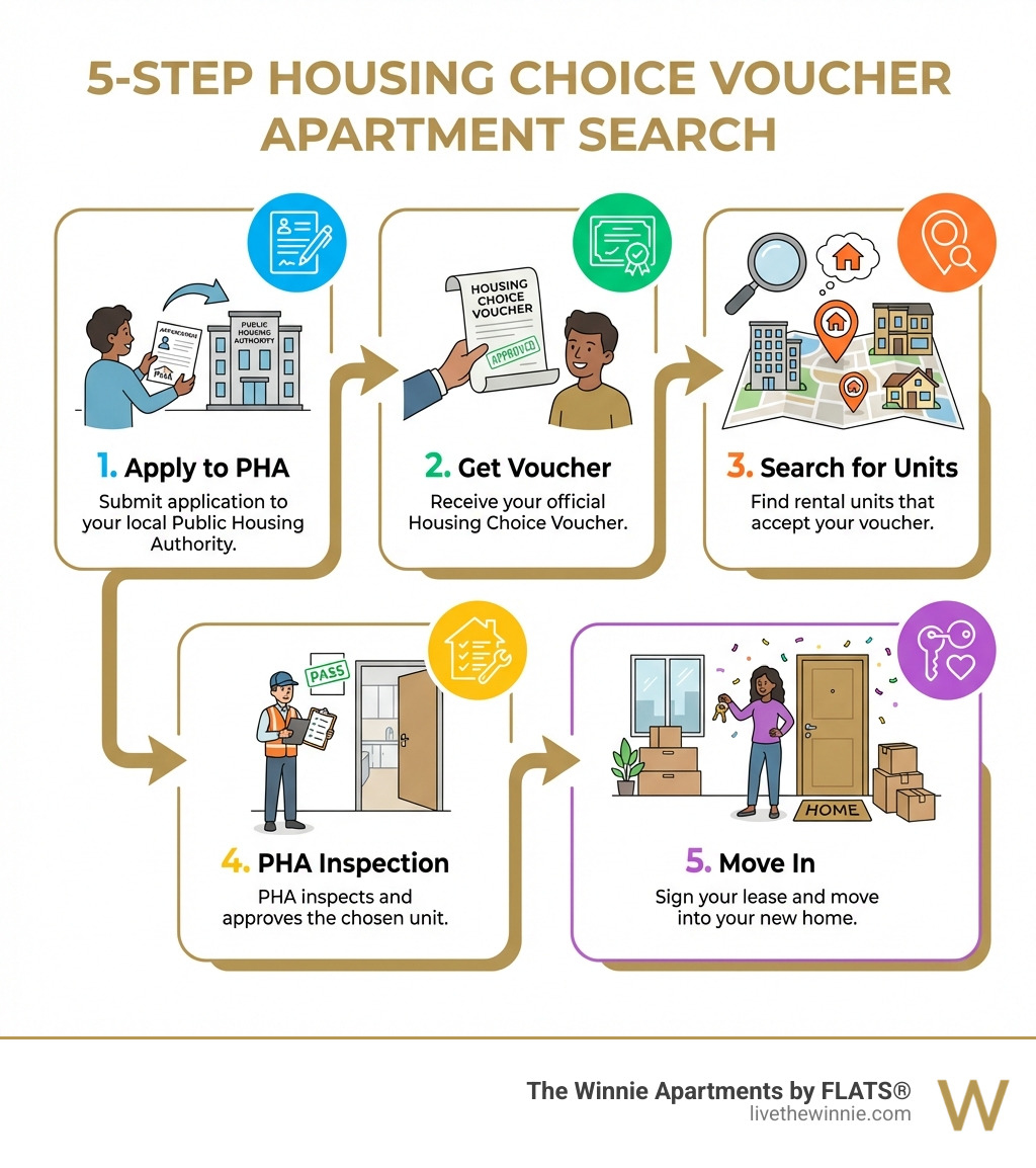 Infographic showing the 5-step process for a Housing Choice Voucher apartment search: 1. Apply to your local Public Housing Authority (PHA). 2. Get your Housing Choice Voucher. 3. Search for available rental units. 4. PHA inspects and approves the unit. 5. Move into your new home. - Section 8 apartment search infographic 