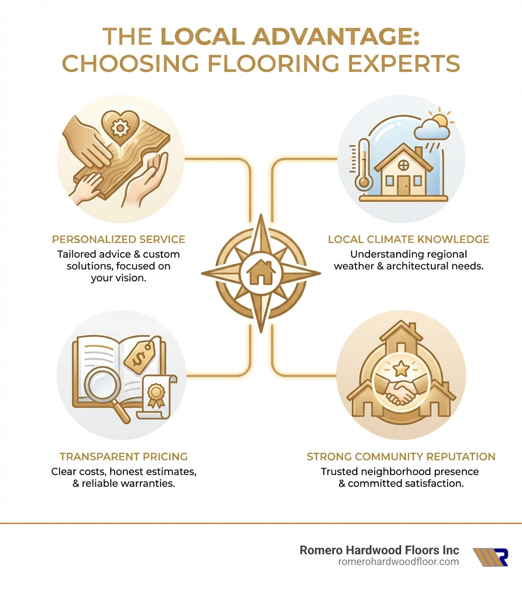 Infographic detailing the advantages of choosing local flooring experts, including personalized service, local climate knowledge, transparent pricing, and strong community reputation - local flooring experts infographic 