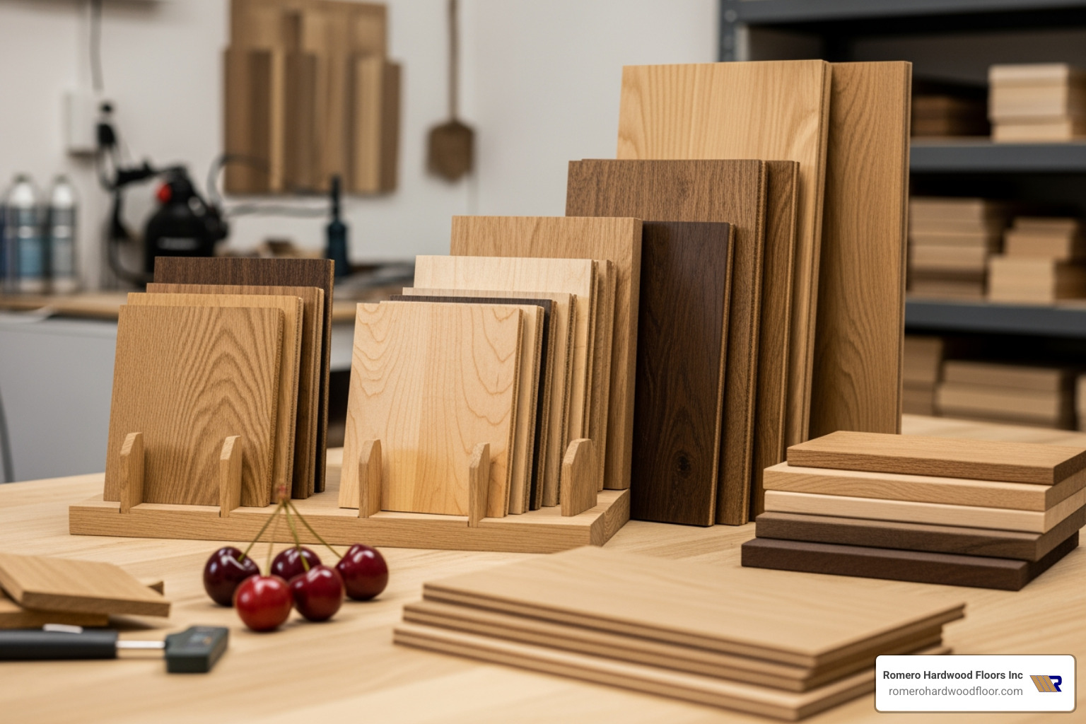 A selection of various hardwood samples including oak, maple, and cherry arranged on a workbench - local flooring experts