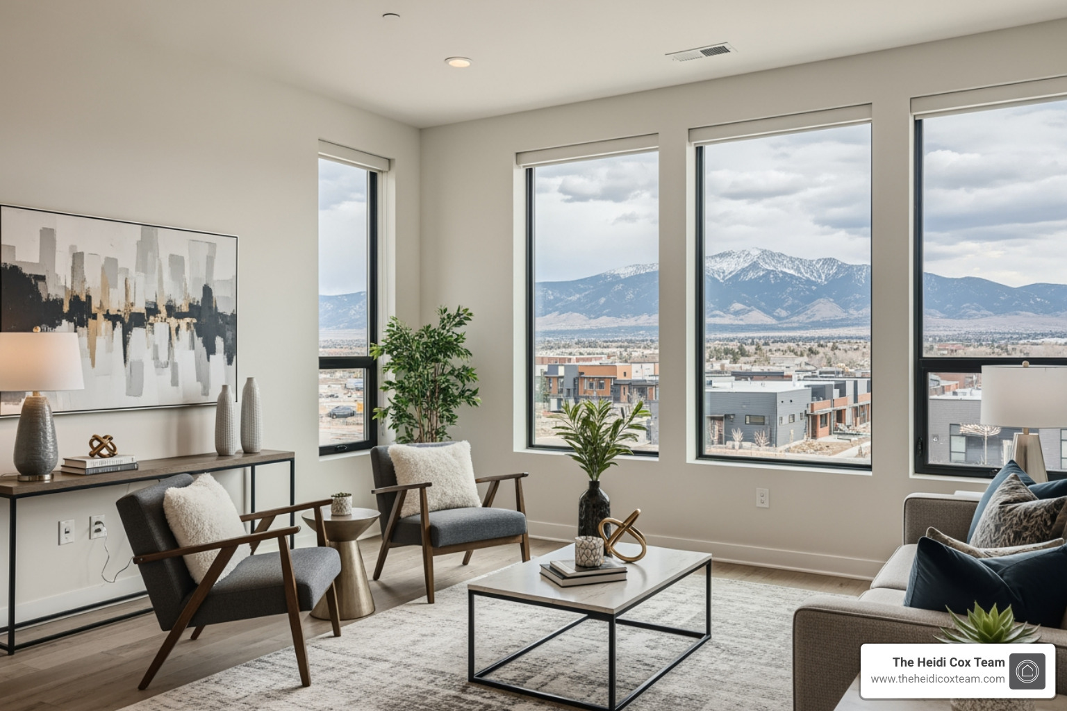 modern staged Denver living room with mountain views - Home staging tips Denver