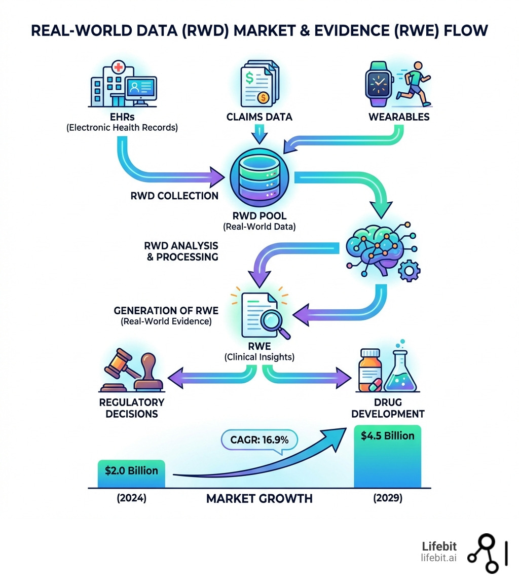 Infographic showing Real-World Data (RWD) being collected from various sources like EHRs, claims, and wearables, then analyzed to generate Real-World Evidence (RWE) which is used for regulatory decisions and drug development. The infographic also highlights the market growth from $2.0 billion in 2024 to $4.5 billion by 2029, growing at a CAGR of 16.9%. - real world data market infographic 