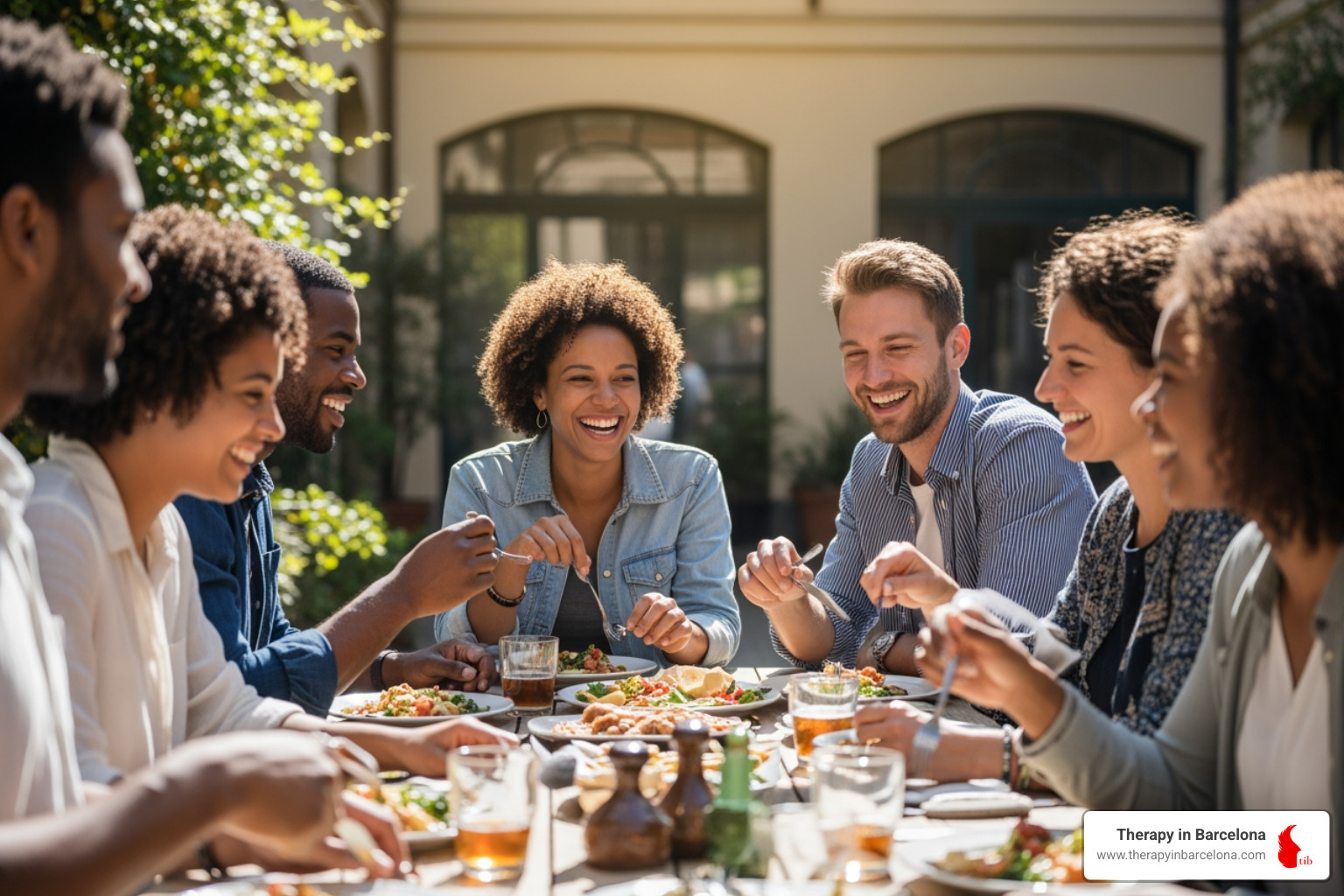 A diverse group of friends sharing a meal and laughing together in a sunny courtyard. - 2 important aspects of biculturalism A diverse group of friends sharing a meal and laughing together in a sunny courtyard. - 2 important aspects of biculturalism