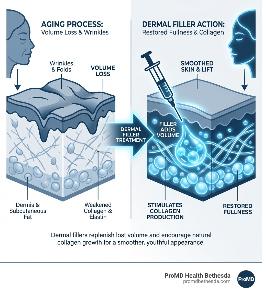 Infographic illustrating how aging leads to volume loss and wrinkles, and how dermal fillers restore fullness by adding volume and stimulating collagen - dermal filler infographic Infographic illustrating how aging leads to volume loss and wrinkles, and how dermal fillers restore fullness by adding volume and stimulating collagen - dermal filler infographic