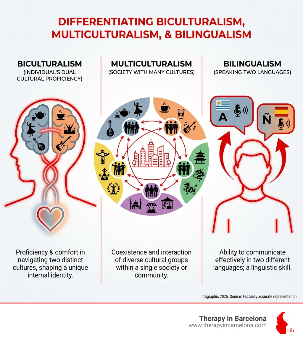 Infographic differentiating biculturalism, multiculturalism, and bilingualism. Biculturalism is shown as an individual's dual cultural proficiency, multiculturalism as a society with many cultures, and bilingualism as speaking two languages. - 2 important aspects of biculturalism infographic Infographic differentiating biculturalism, multiculturalism, and bilingualism. Biculturalism is shown as an individual's dual cultural proficiency, multiculturalism as a society with many cultures, and bilingualism as speaking two languages. - 2 important aspects of biculturalism infographic