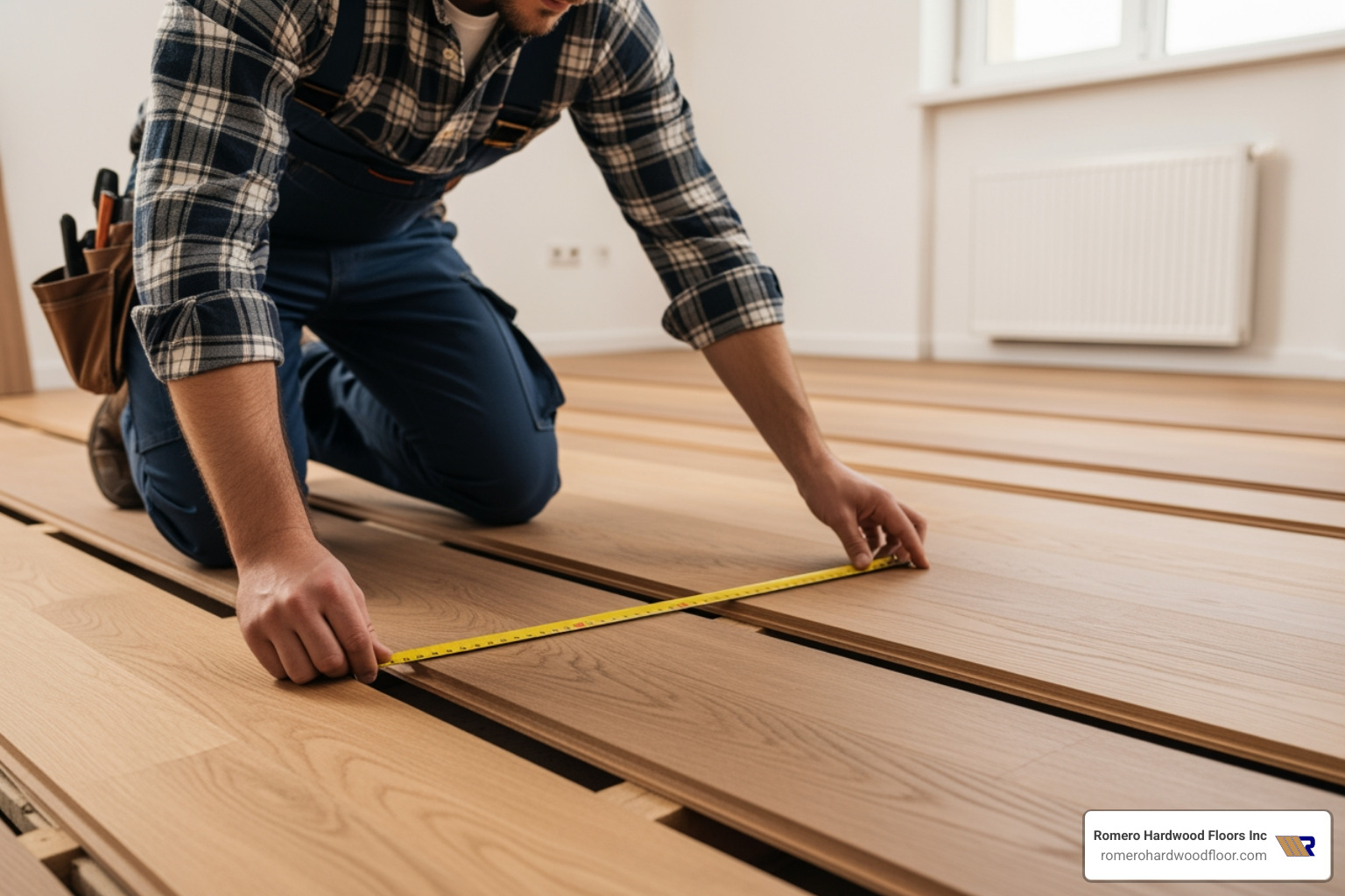 professional installer measuring subfloor - Hardwood floor installation reviews