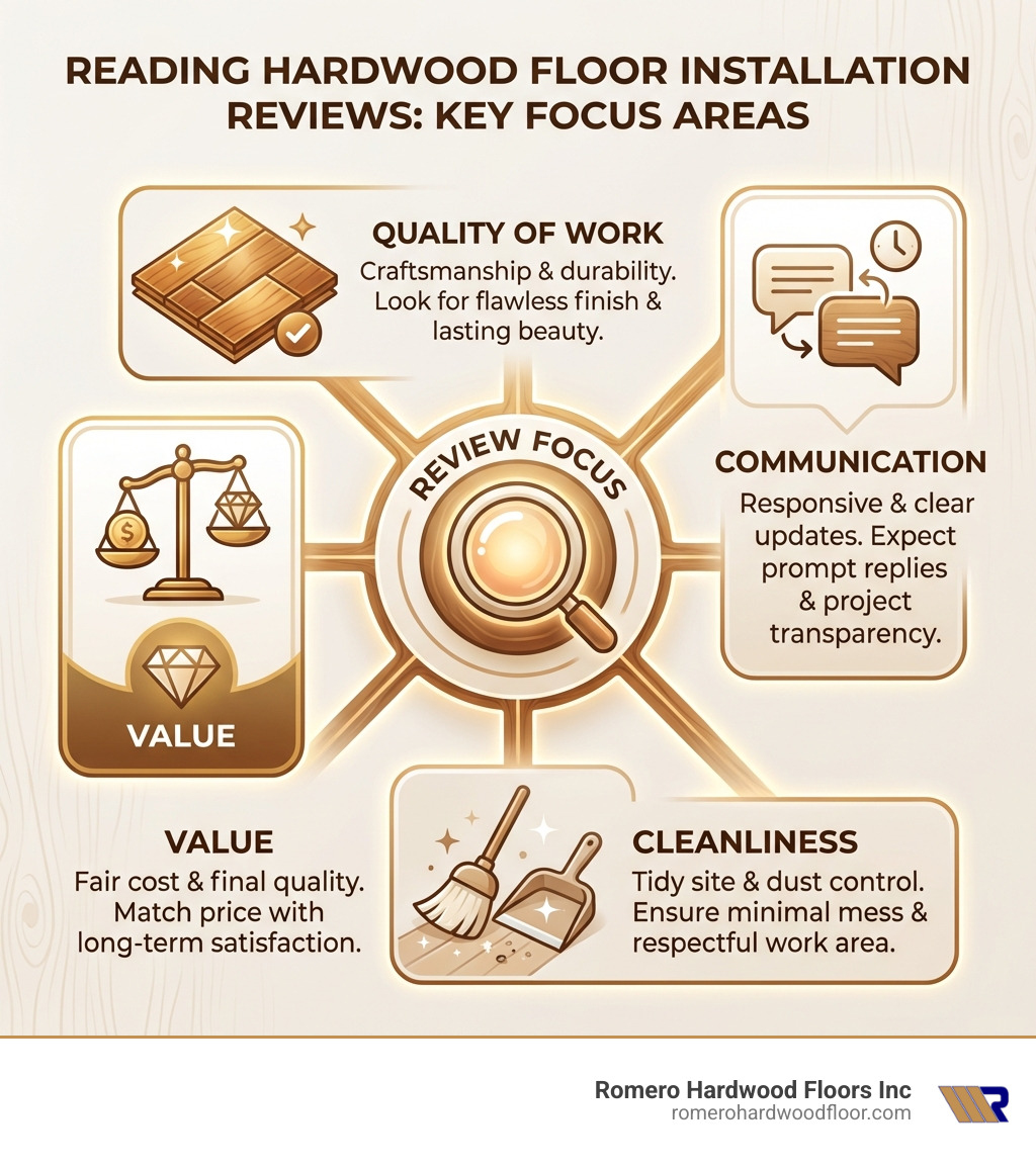 Infographic on key factors to consider when reading hardwood floor installation reviews, including quality of work, communication, cleanliness, and value - Hardwood floor installation reviews infographic 
