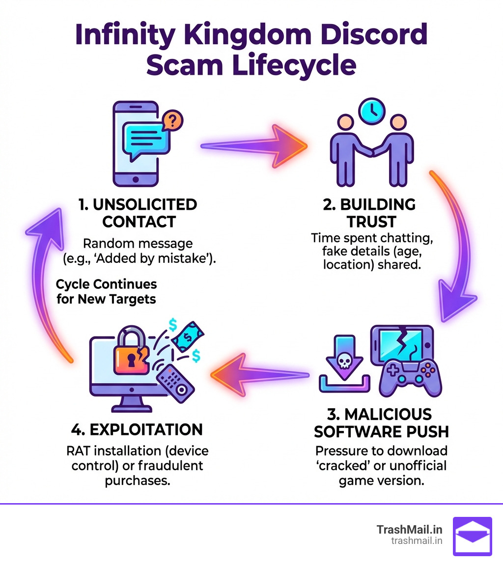 Infographic explaining the Infinity Kingdom Discord scam lifecycle - infinity kingdom discord scam infographic 