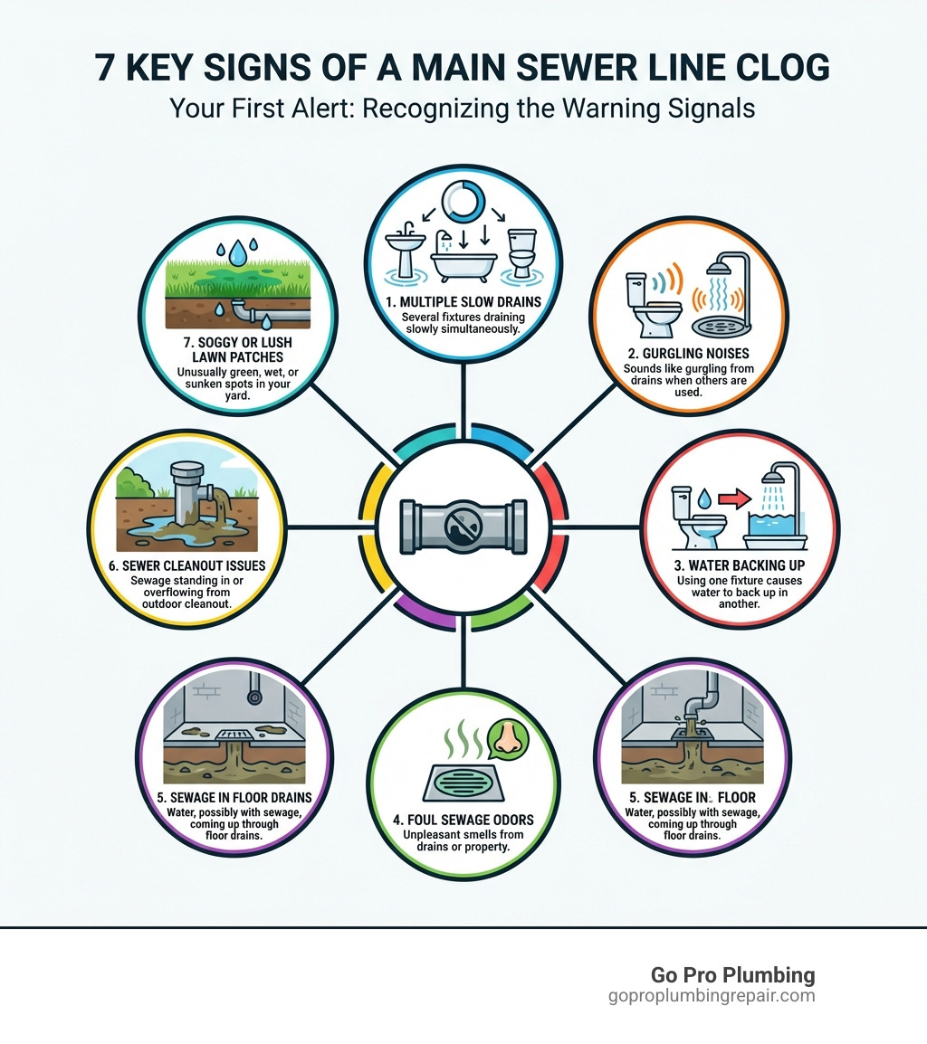 Infographic detailing 7 key signs of a main sewer line clog, including multiple slow drains, gurgling noises, sewage odors, and water backing up - how to know if main sewer line is clogged infographic 
