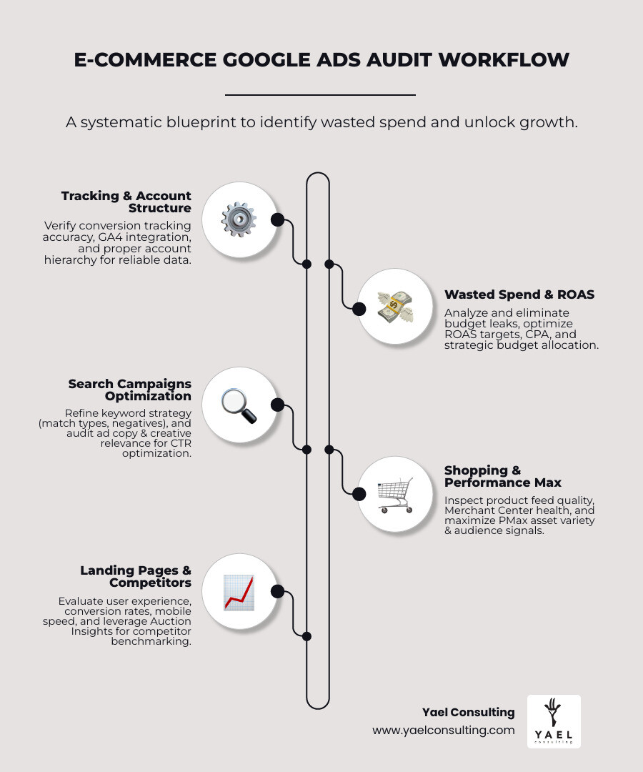 detailed infographic showing the 6-step e-commerce Google Ads audit workflow: 1) Verify tracking and account structure, 2) Analyze wasted spend and ROAS targets, 3) Review keyword strategy and negative keywords, 4) Audit ad copy and creative assets, 5) Inspect Shopping feed and Performance Max setup, 6) Evaluate landing pages and competitor positioning - Ecommerce Google Ads audit infographic infographic-line-5-steps-elegant_beige detailed infographic showing the 6-step e-commerce Google Ads audit workflow: 1) Verify tracking and account structure, 2) Analyze wasted spend and ROAS targets, 3) Review keyword strategy and negative keywords, 4) Audit ad copy and creative assets, 5) Inspect Shopping feed and Performance Max setup, 6) Evaluate landing pages and competitor positioning - Ecommerce Google Ads audit infographic infographic-line-5-steps-elegant_beige