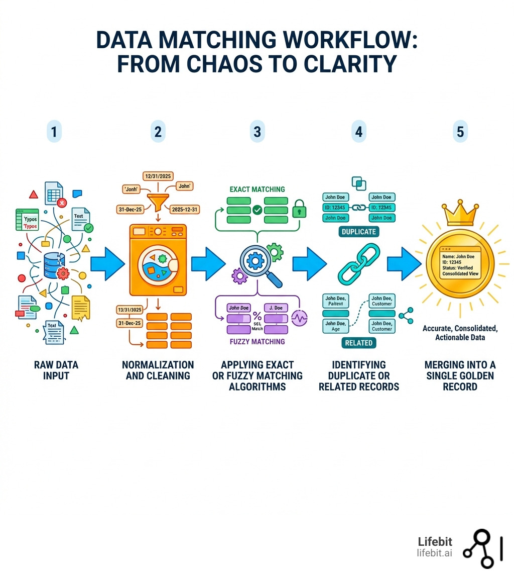 Infographic showing data matching workflow: raw data input, normalization and cleaning, applying exact or fuzzy matching algorithms, identifying duplicate or related records, and merging into a single golden record - free data matching software infographic 