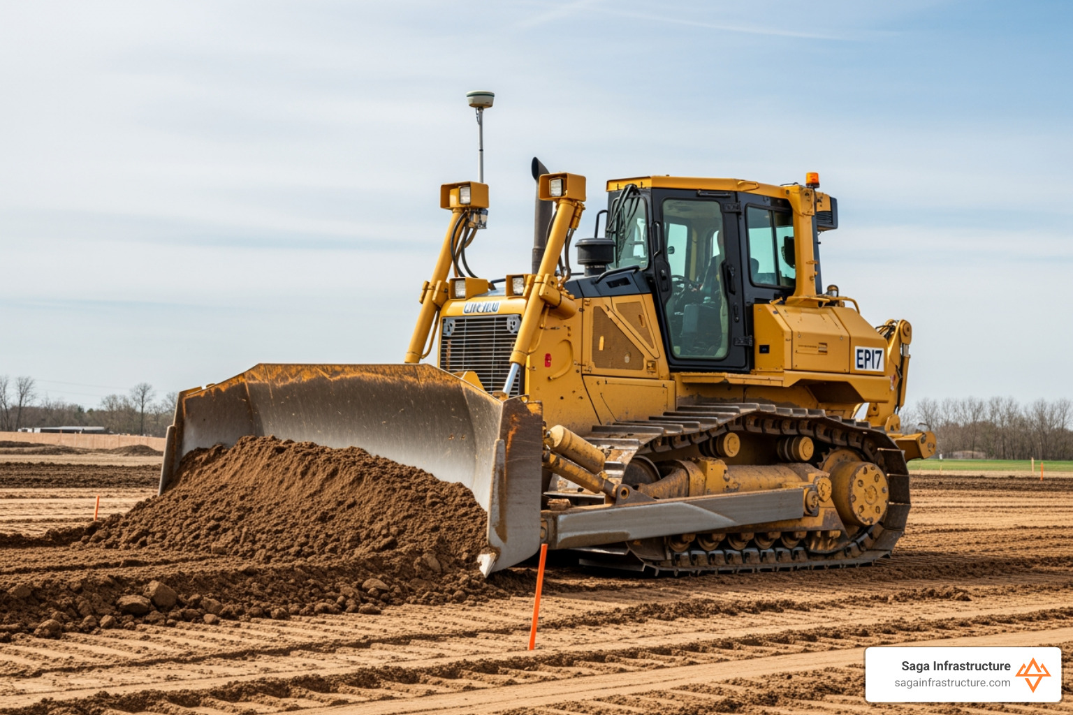 GPS-guided bulldozer working on a grade - earthwork construction company