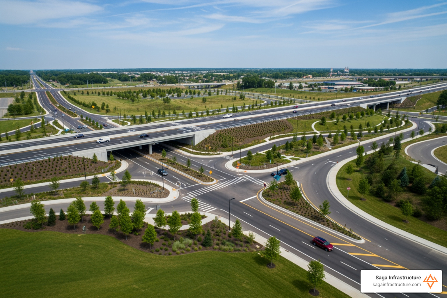 completed infrastructure project showing roads and landscaping - earthwork construction company