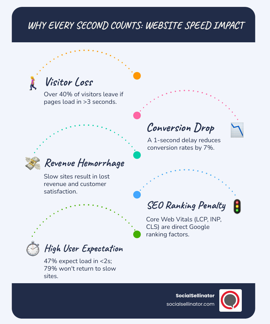 detailed infographic showing the cascading impact of website speed on business metrics, including a timeline from 1-5 seconds of load time correlated with bounce rate percentages, conversion rate drops, and revenue loss, alongside visual representations of Core Web Vitals thresholds for LCP, INP, and CLS with color-coded good/needs improvement/poor zones - How to speed website? infographic infographic-line-5-steps-blues-accent_colors