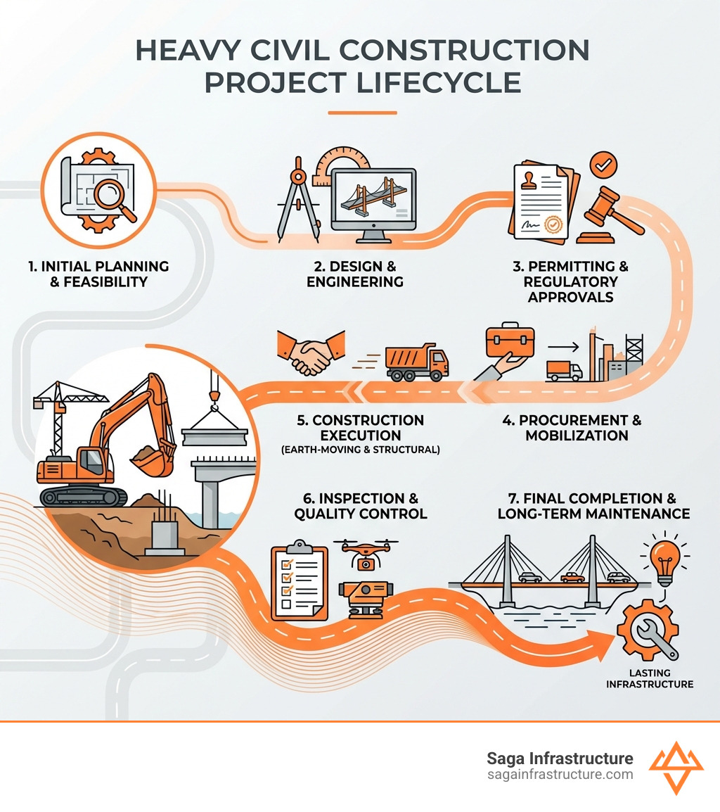 Infographic showing the heavy civil construction project lifecycle from initial planning and feasibility studies through design and engineering, permitting and regulatory approvals, procurement and mobilization, construction execution with earth-moving and structural work, inspection and quality control, to final completion and long-term maintenance - Heavy civil construction infographic 