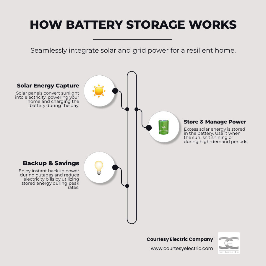 Infographic showing how residential battery storage integrates with solar panels, grid connection, and home electrical panel, including charge/discharge cycles during day and night, backup power activation during outages, and energy flow management - battery storage in granby co infographic infographic-line-3-steps-elegant_beige