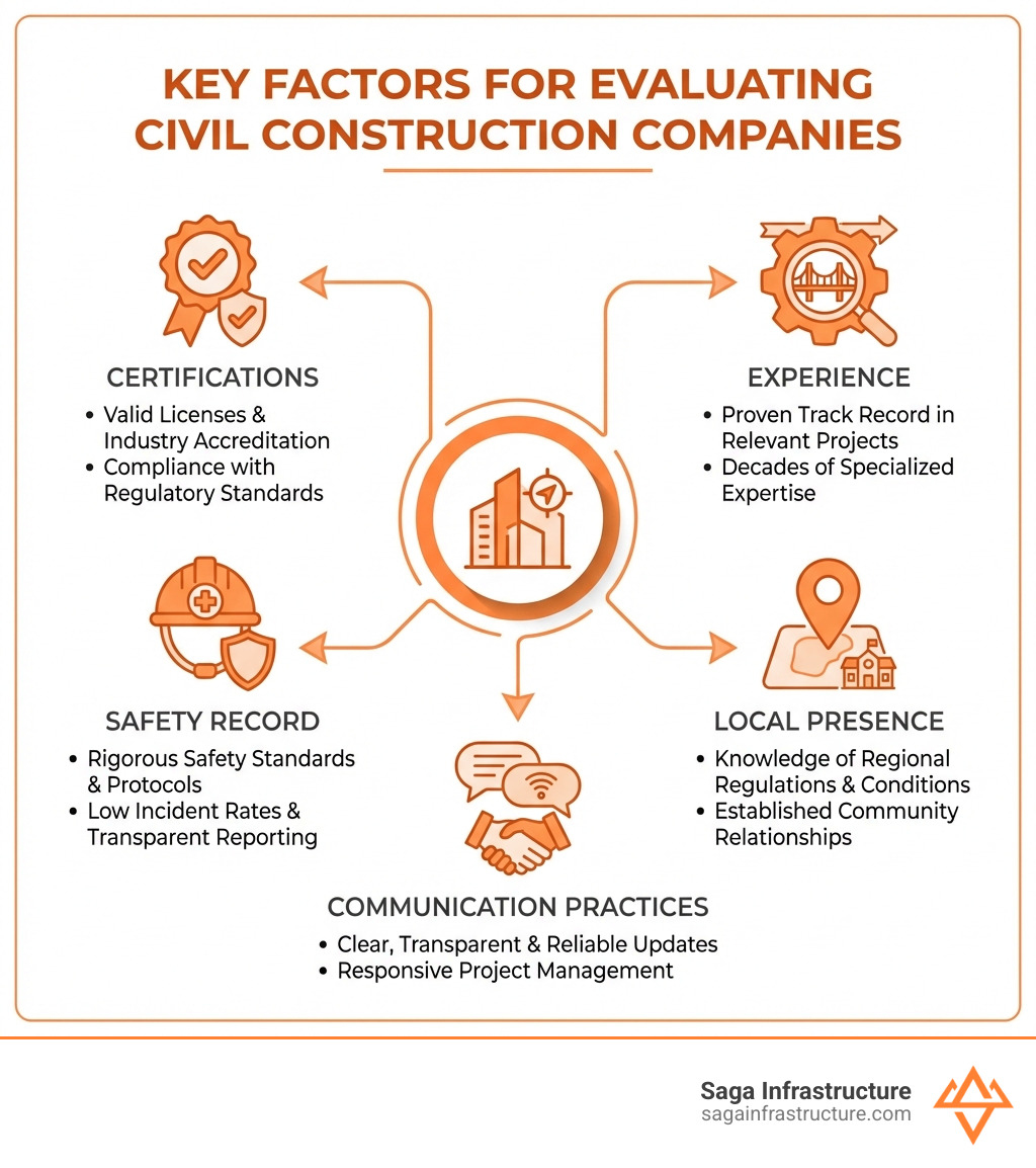infographic showing key factors when evaluating civil construction companies including certifications, experience, safety record, local presence, and communication practices - civil construction companies near me infographic 