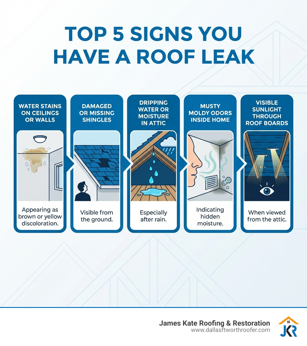 Infographic showing the top 5 signs you have a roof leak: water stains on ceilings or walls appearing as brown or yellow discoloration, damaged or missing shingles visible from the ground, dripping water or moisture in the attic especially after rain, musty moldy odors inside the home indicating hidden moisture, and visible sunlight coming through roof boards when viewed from the attic - roof patch infographic Infographic showing the top 5 signs you have a roof leak: water stains on ceilings or walls appearing as brown or yellow discoloration, damaged or missing shingles visible from the ground, dripping water or moisture in the attic especially after rain, musty moldy odors inside the home indicating hidden moisture, and visible sunlight coming through roof boards when viewed from the attic - roof patch infographic
