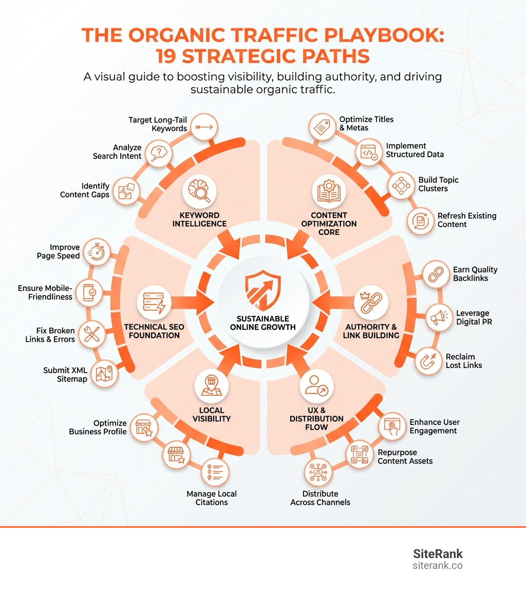 infographic showing 19 strategies to boost organic traffic including keyword research, content optimization, technical SEO, link building, local SEO, user experience improvements, and content distribution tactics - boost organic traffic infographic infographic showing 19 strategies to boost organic traffic including keyword research, content optimization, technical SEO, link building, local SEO, user experience improvements, and content distribution tactics - boost organic traffic infographic