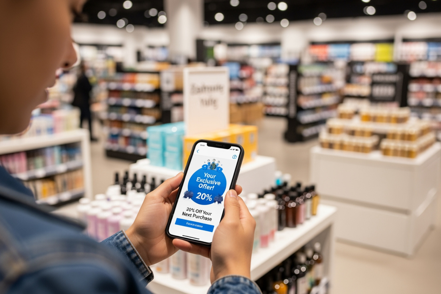 a person receiving a personalized loyalty reward on their mobile phone in a retail store setting - Customer retention marketing
