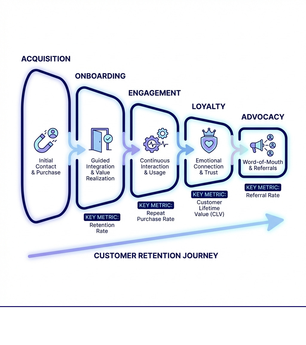 infographic showing the customer retention funnel from acquisition through onboarding, engagement, loyalty, and advocacy, with key metrics at each stage including retention rate, repeat purchase rate, customer lifetime value, and referral rate - Customer retention marketing infographic 