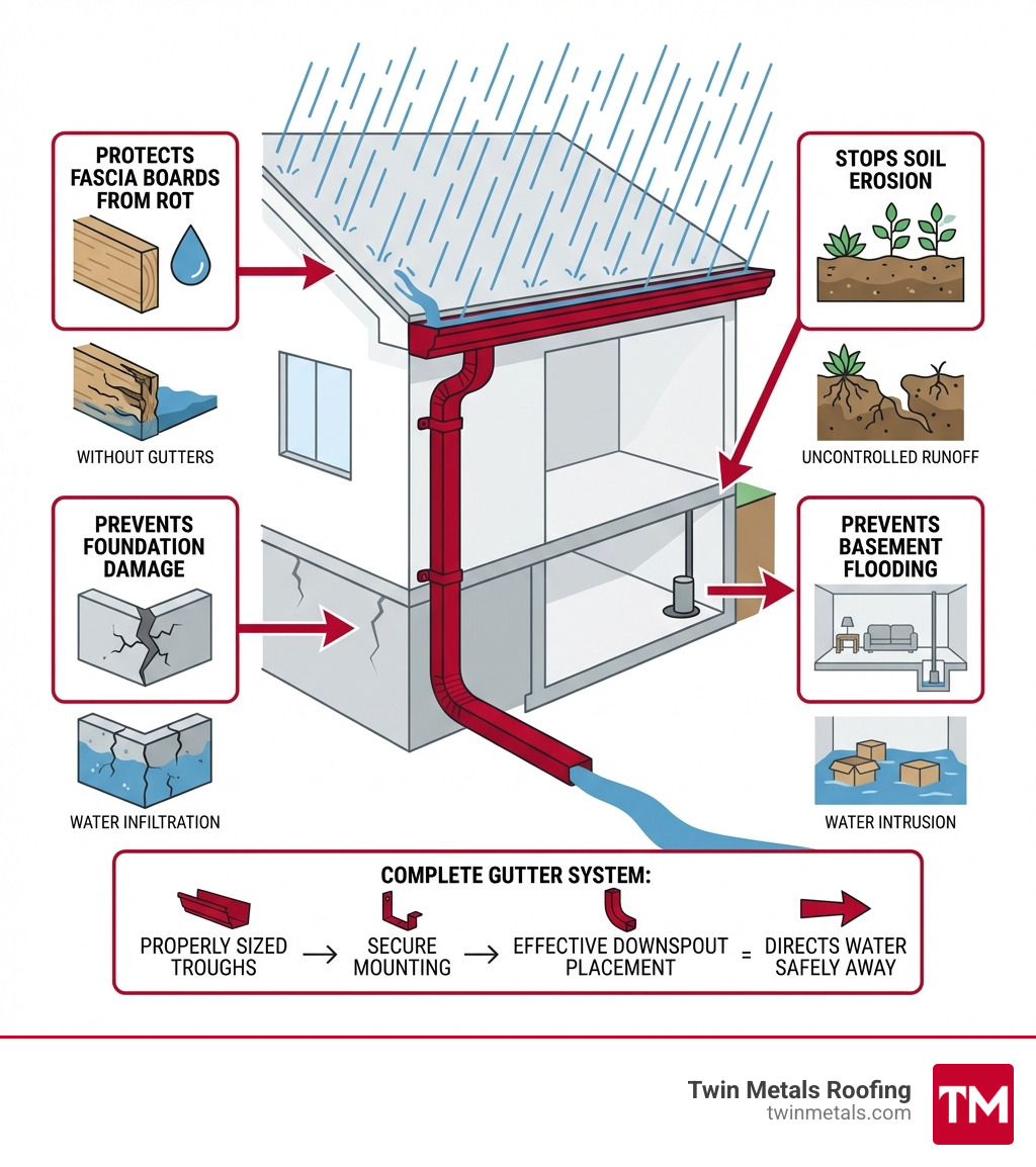 Infographic showing how a complete gutter system protects your home from foundation damage, prevents basement flooding, stops soil erosion, protects fascia boards from rot, and directs water safely away from the structure through properly sized troughs, secure mounting, and effective downspout placement - Gutter installation Braintree MA infographic Infographic showing how a complete gutter system protects your home from foundation damage, prevents basement flooding, stops soil erosion, protects fascia boards from rot, and directs water safely away from the structure through properly sized troughs, secure mounting, and effective downspout placement - Gutter installation Braintree MA infographic