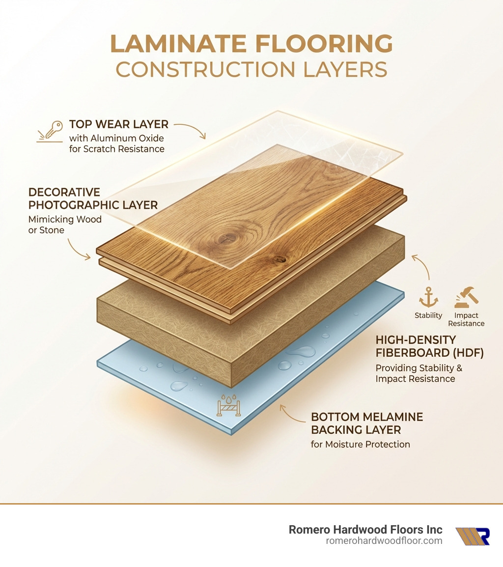 infographic showing the four layers of laminate flooring construction: top wear layer with aluminum oxide for scratch resistance, decorative photographic layer mimicking wood or stone, high-density fiberboard HDF core providing stability and impact resistance, and bottom melamine backing layer for moisture protection - laminate floors infographic 
