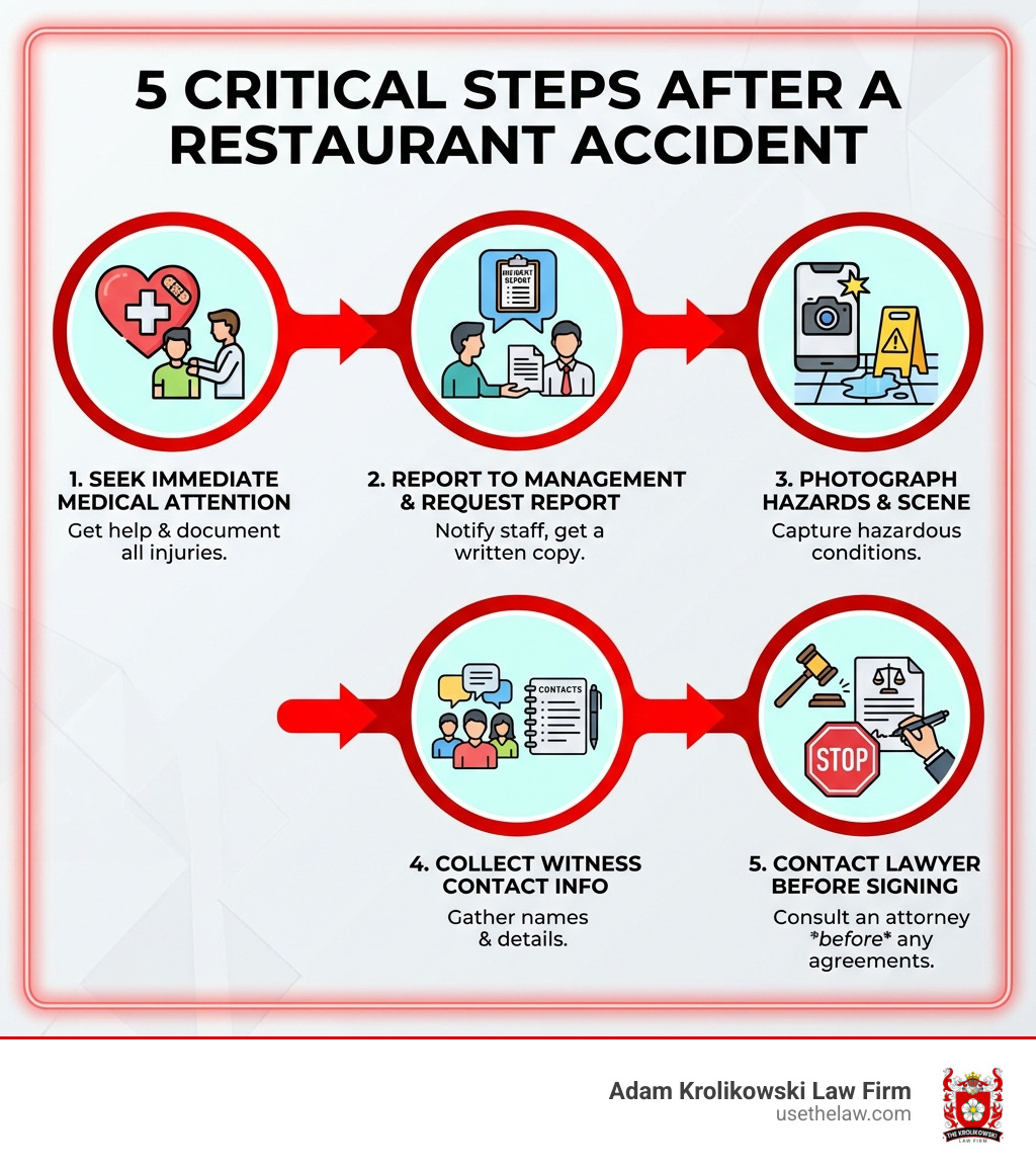 Infographic showing 5 critical steps after a restaurant accident: 1. Seek immediate medical attention and document injuries, 2. Report the incident to restaurant management and request written incident report, 3. Photograph hazardous conditions and accident scene, 4. Collect contact information from witnesses, 5. Contact a restaurant accident lawyer before signing any documents - restaurant accident lawyer infographic 