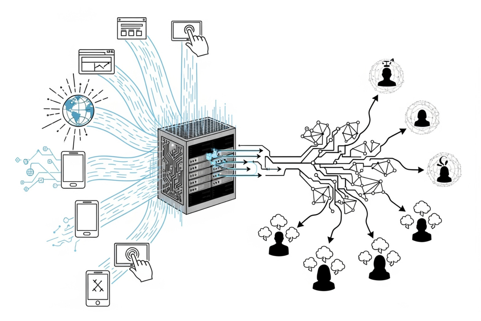 A diagram of a modern marketing technology stack, showing the flow from data sources to a Data Management Platform (DMP), into a Demand Side Platform (DSP), and finally to the consumer - data driven advertising