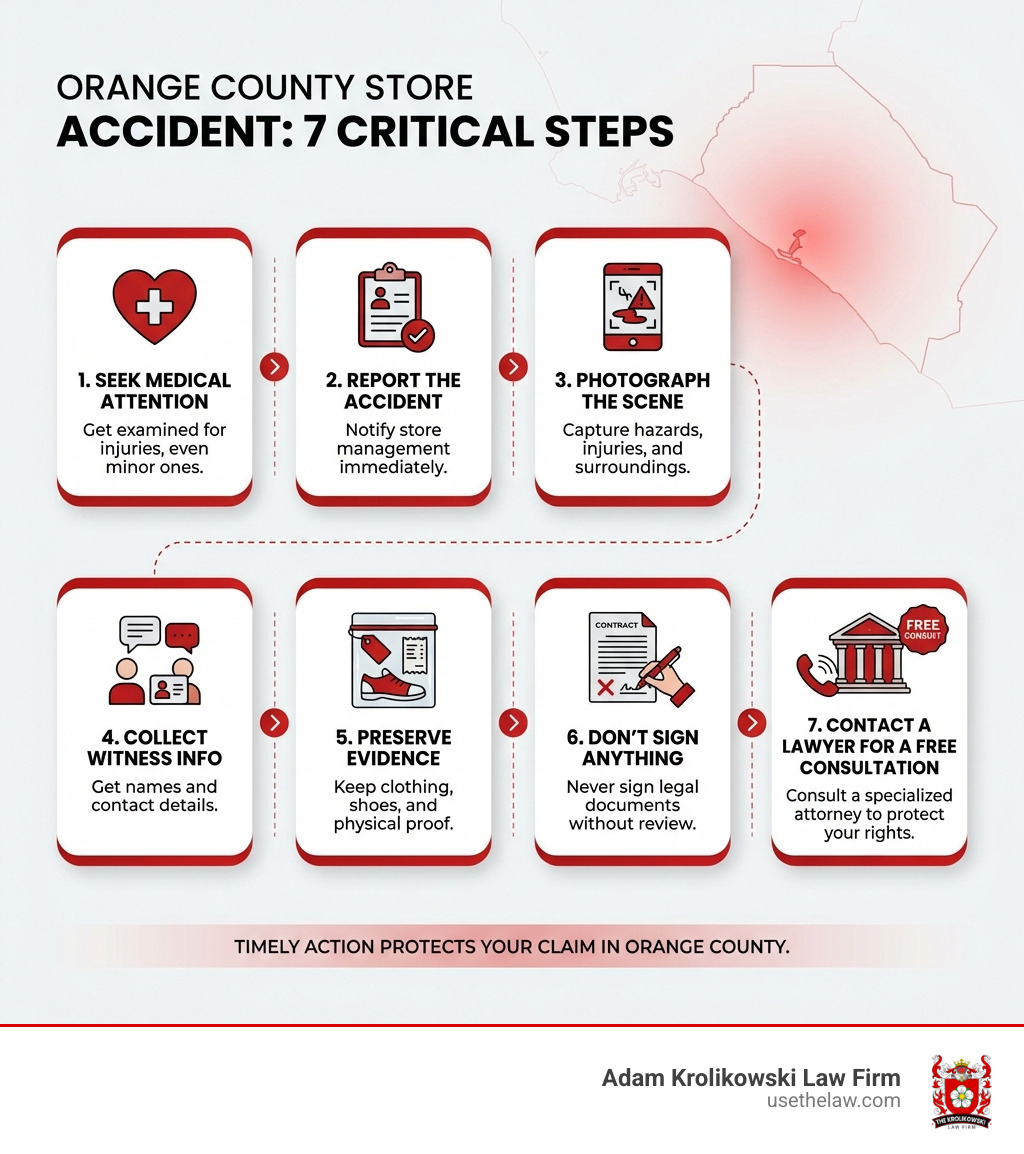 Infographic showing the critical steps after a store accident in Orange County: 1) Seek medical attention, 2) Report the accident, 3) Photograph the scene, 4) Collect witness info, 5) Preserve evidence, 6) Don't sign anything, 7) Contact a lawyer for a Free Consultation - store accident lawyer infographic Infographic showing the critical steps after a store accident in Orange County: 1) Seek medical attention, 2) Report the accident, 3) Photograph the scene, 4) Collect witness info, 5) Preserve evidence, 6) Don't sign anything, 7) Contact a lawyer for a Free Consultation - store accident lawyer infographic