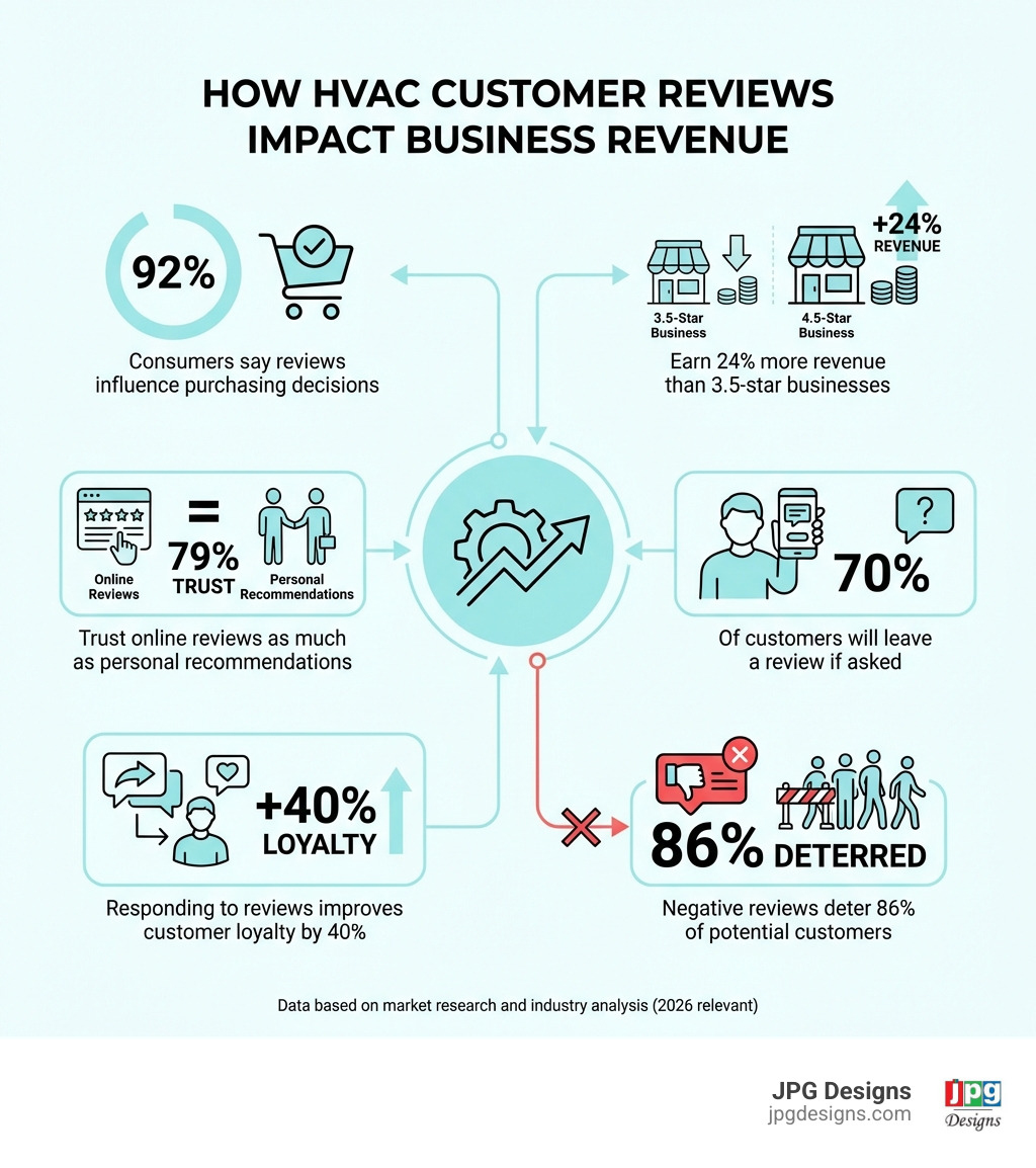 Infographic showing how HVAC customer reviews impact business revenue: 98% of consumers say reviews influence purchasing decisions, businesses with 4.5-star ratings earn 24% more revenue than 3.5-star businesses, 81% trust reviews as much as personal recommendations, 81% of customers will leave a review if asked, responding to reviews improves customer loyalty by 40%, and negative reviews deter 86% of potential customers - HVAC customer reviews infographic