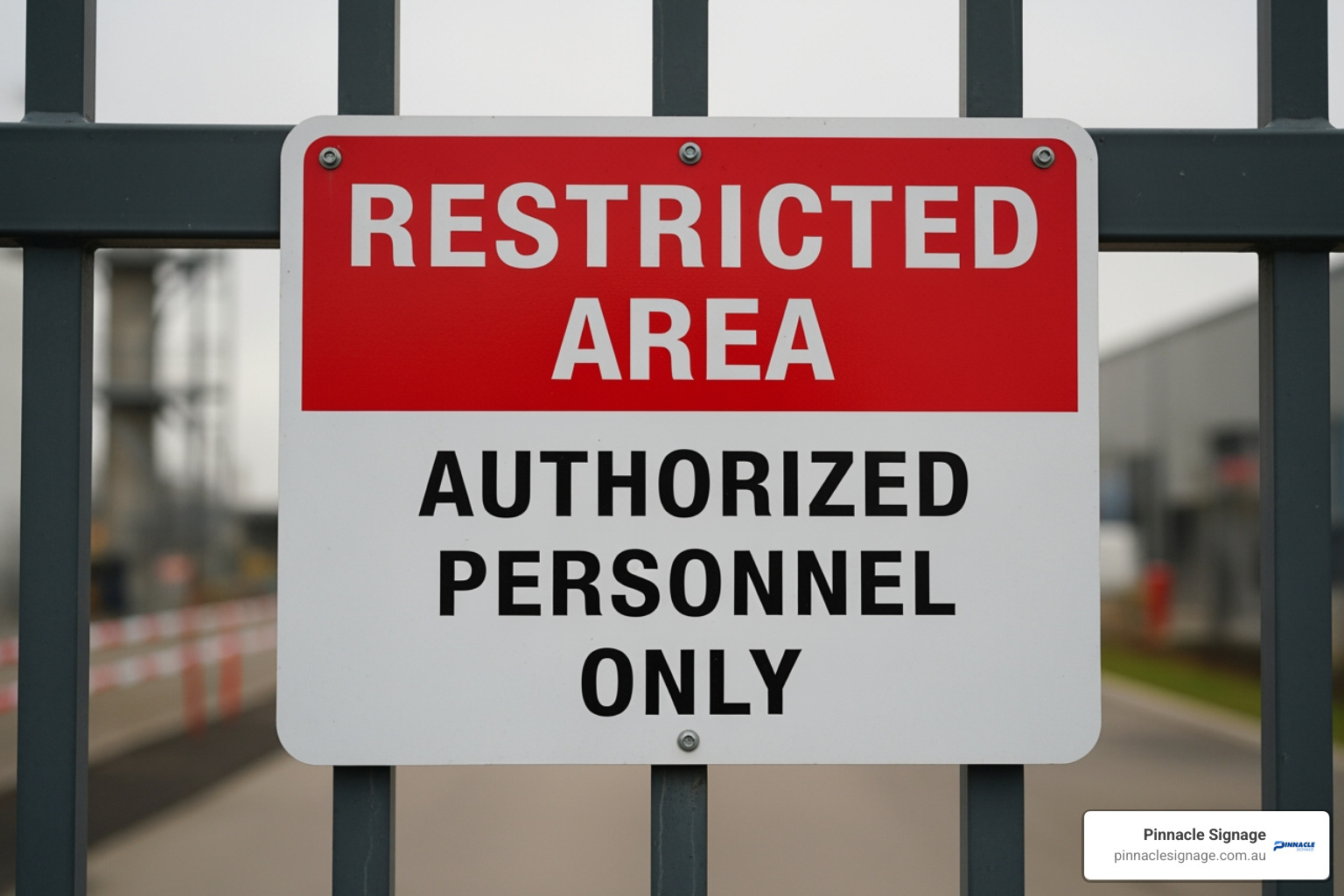 Security signage for a restricted area authorised personnel only mounted on a vertical barred gate at an industrial site.