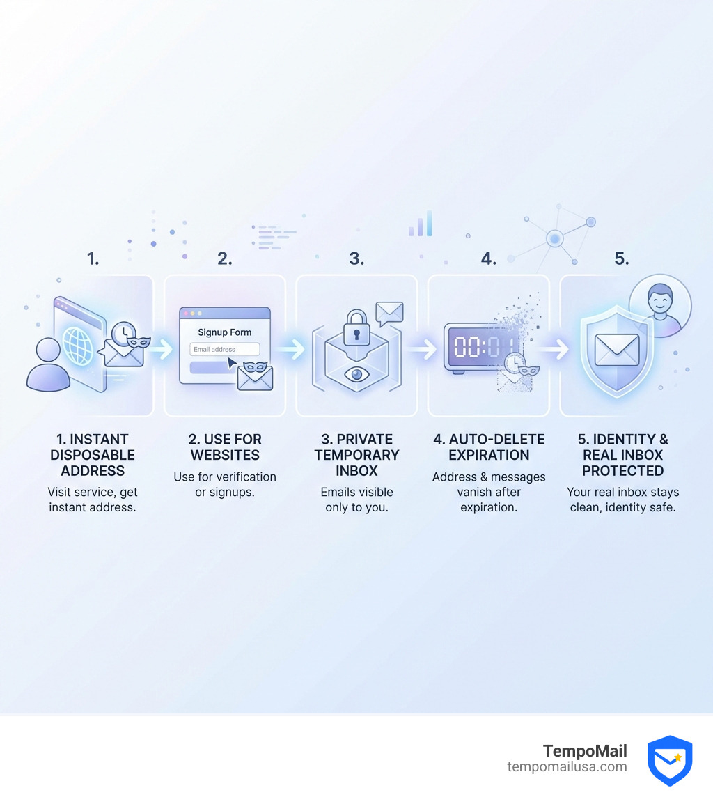 Infographic showing how anonymous temporary email protects your privacy: Step 1 - Visit temporary email service and receive instant disposable address; Step 2 - Use address for website signup or verification; Step 3 - Receive emails in temporary inbox visible only to you; Step 4 - Address and all messages auto-delete after expiration timer; Step 5 - Your real inbox stays clean and your identity stays protected - anonymous temporary email infographic Infographic showing how anonymous temporary email protects your privacy: Step 1 - Visit temporary email service and receive instant disposable address; Step 2 - Use address for website signup or verification; Step 3 - Receive emails in temporary inbox visible only to you; Step 4 - Address and all messages auto-delete after expiration timer; Step 5 - Your real inbox stays clean and your identity stays protected - anonymous temporary email infographic