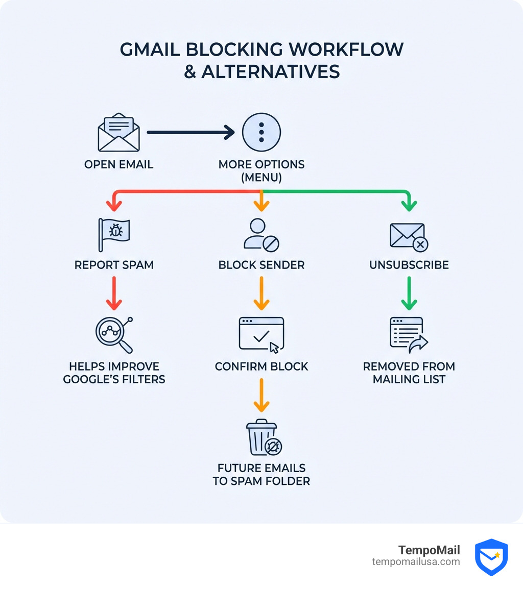 infographic showing the complete Gmail blocking workflow from opening an email to confirming the block, with branches showing what happens to blocked emails versus reported spam versus unsubscribed newsletters - how to ban emails on gmail infographic infographic showing the complete Gmail blocking workflow from opening an email to confirming the block, with branches showing what happens to blocked emails versus reported spam versus unsubscribed newsletters - how to ban emails on gmail infographic