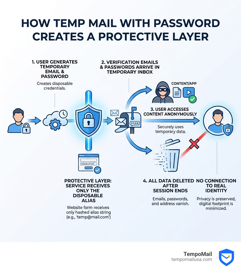 Infographic showing how temp mail with password creates a protective layer: User generates temporary email address → Service receives only the disposable alias → Verification emails and passwords arrive in temporary inbox → User accesses content anonymously → All data deleted after session ends, with no connection to real identity - temp mail with password infographic Infographic showing how temp mail with password creates a protective layer: User generates temporary email address → Service receives only the disposable alias → Verification emails and passwords arrive in temporary inbox → User accesses content anonymously → All data deleted after session ends, with no connection to real identity - temp mail with password infographic