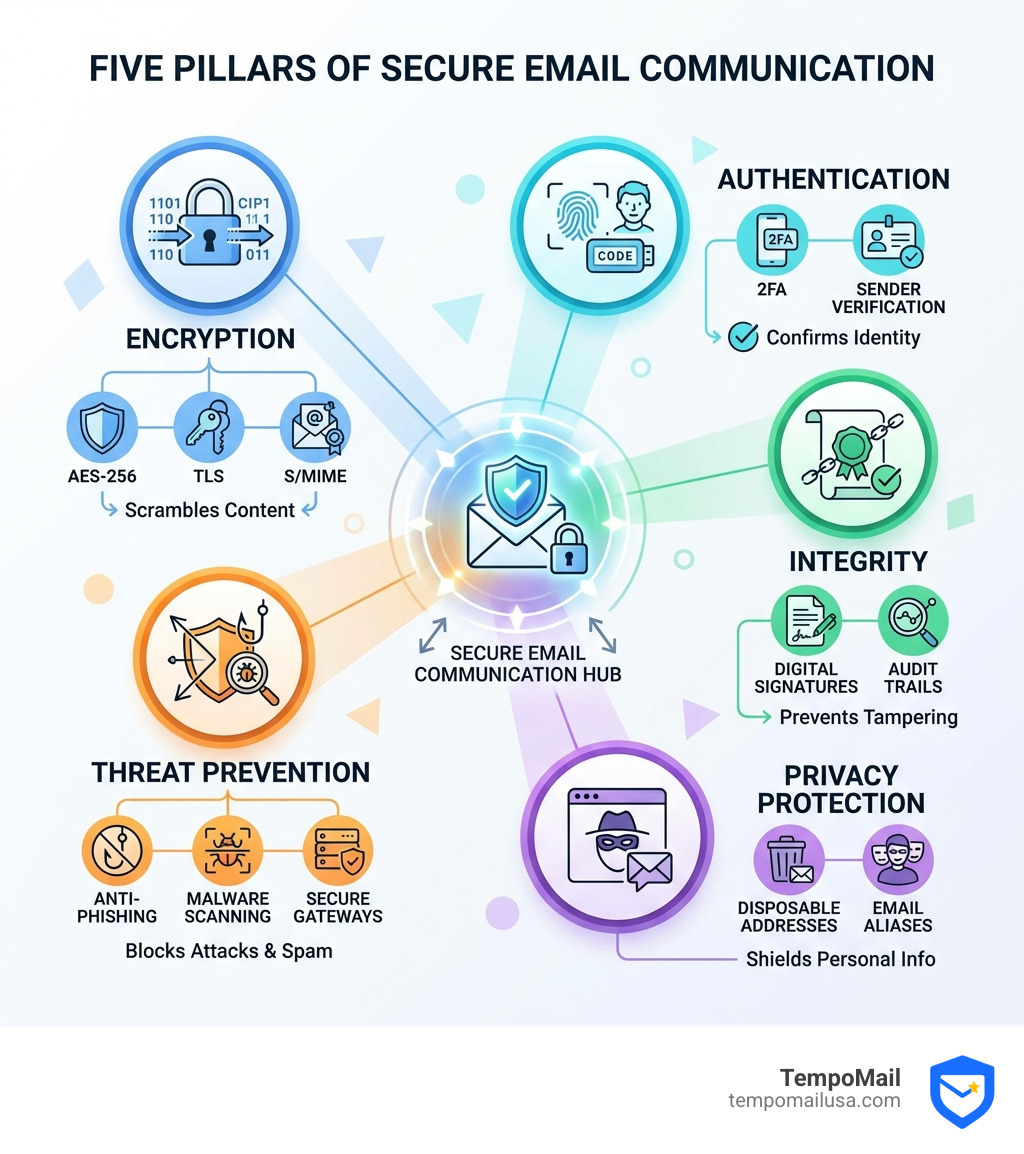 Infographic showing the five pillars of secure email communication: Encryption (AES-256, TLS, S/MIME), Authentication (2FA, sender verification), Integrity (digital signatures, audit trails), Privacy Protection (disposable addresses, email aliases), and Threat Prevention (anti-phishing, malware scanning, secure gateways) - secure email communication infographic Infographic showing the five pillars of secure email communication: Encryption (AES-256, TLS, S/MIME), Authentication (2FA, sender verification), Integrity (digital signatures, audit trails), Privacy Protection (disposable addresses, email aliases), and Threat Prevention (anti-phishing, malware scanning, secure gateways) - secure email communication infographic