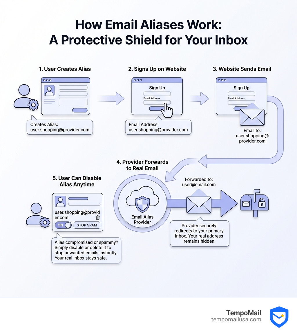 Infographic showing how email aliases work: User creates alias (user.shopping@provider.com) → Signs up on website with alias → Website sends email to alias → Provider forwards to real email (user@email.com) → User can disable alias anytime to stop spam - Email alias provider infographic Infographic showing how email aliases work: User creates alias (user.shopping@provider.com) → Signs up on website with alias → Website sends email to alias → Provider forwards to real email (user@email.com) → User can disable alias anytime to stop spam - Email alias provider infographic