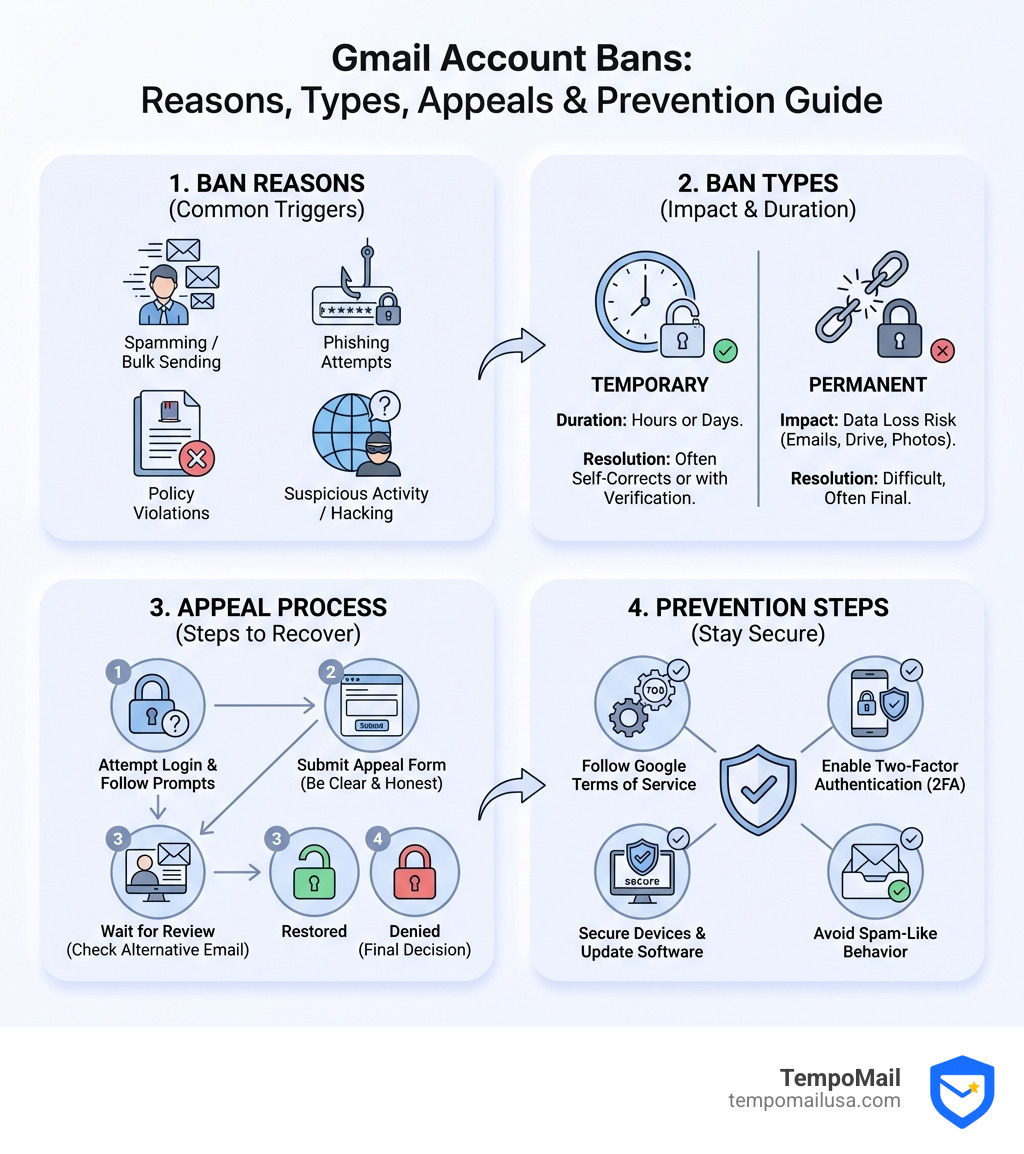infographic showing Gmail ban reasons, types, appeal process, and prevention steps - ban gmail account infographic infographic showing Gmail ban reasons, types, appeal process, and prevention steps - ban gmail account infographic
