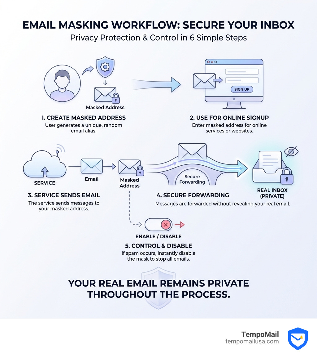 infographic showing email masking workflow: user creates masked address, uses it for online signup, service sends email to masked address, masked address forwards to real inbox, user can disable mask if spam occurs, real email remains private throughout the process - Masking email address infographic infographic showing email masking workflow: user creates masked address, uses it for online signup, service sends email to masked address, masked address forwards to real inbox, user can disable mask if spam occurs, real email remains private throughout the process - Masking email address infographic