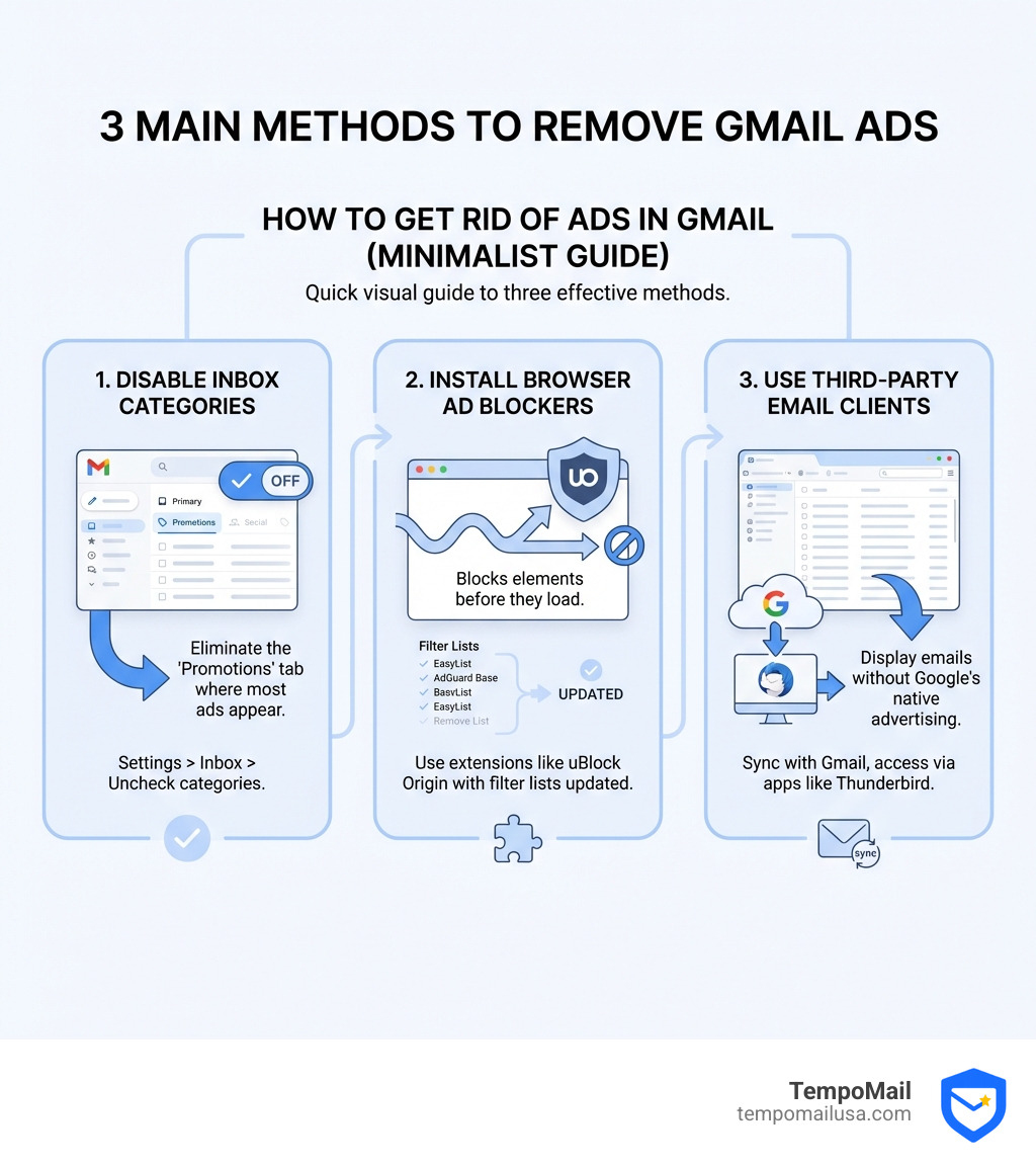 Infographic showing three main methods to remove Gmail ads: disabling inbox categories to eliminate the Promotions tab where most ads appear, installing browser-based ad blockers like uBlock Origin with filter lists updated, and using third-party email clients like Thunderbird that sync with Gmail but display emails without Google's native advertising - how do i get rid of ads in gmail infographic Infographic showing three main methods to remove Gmail ads: disabling inbox categories to eliminate the Promotions tab where most ads appear, installing browser-based ad blockers like uBlock Origin with filter lists updated, and using third-party email clients like Thunderbird that sync with Gmail but display emails without Google's native advertising - how do i get rid of ads in gmail infographic