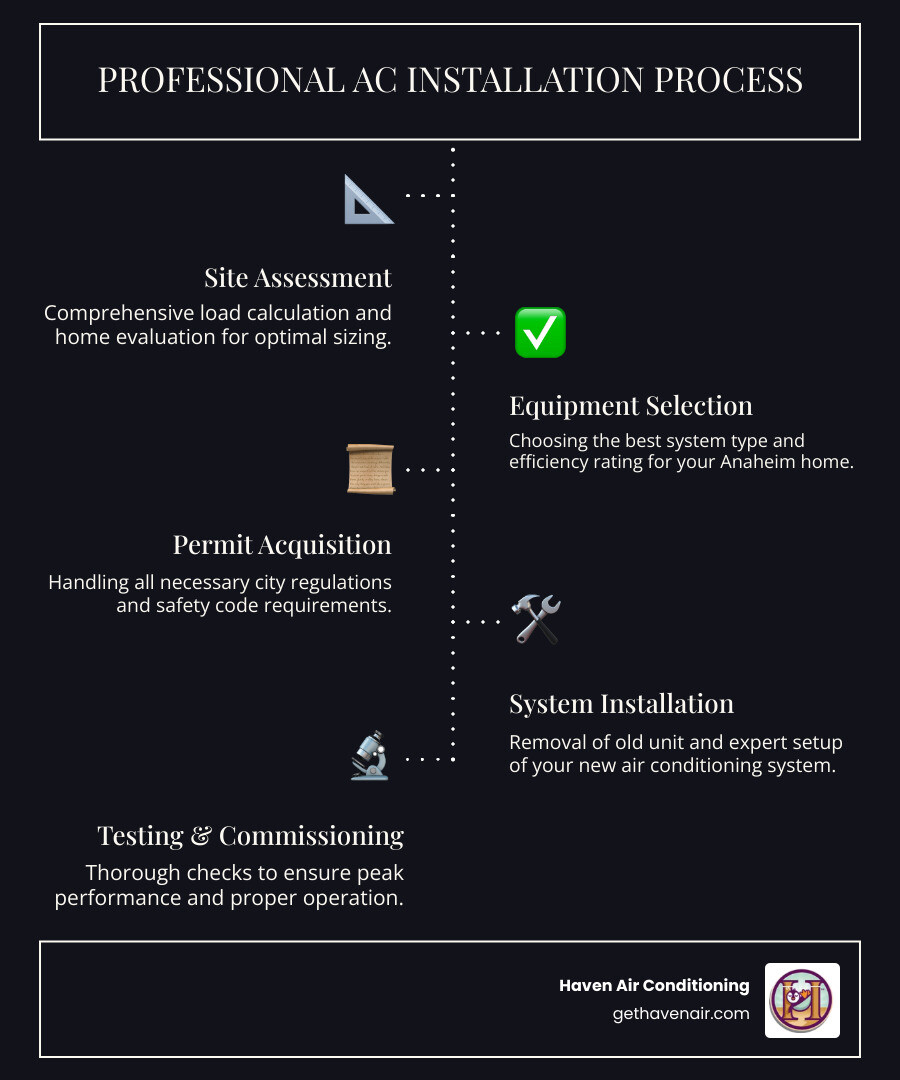 infographic showing the professional AC installation process: site assessment and load calculation, equipment selection and sizing, permit acquisition, removal of old unit and installation of new system, testing and commissioning - best ac installation in anaheim, ca infographic infographic-line-5-steps-dark infographic showing the professional AC installation process: site assessment and load calculation, equipment selection and sizing, permit acquisition, removal of old unit and installation of new system, testing and commissioning - best ac installation in anaheim, ca infographic infographic-line-5-steps-dark