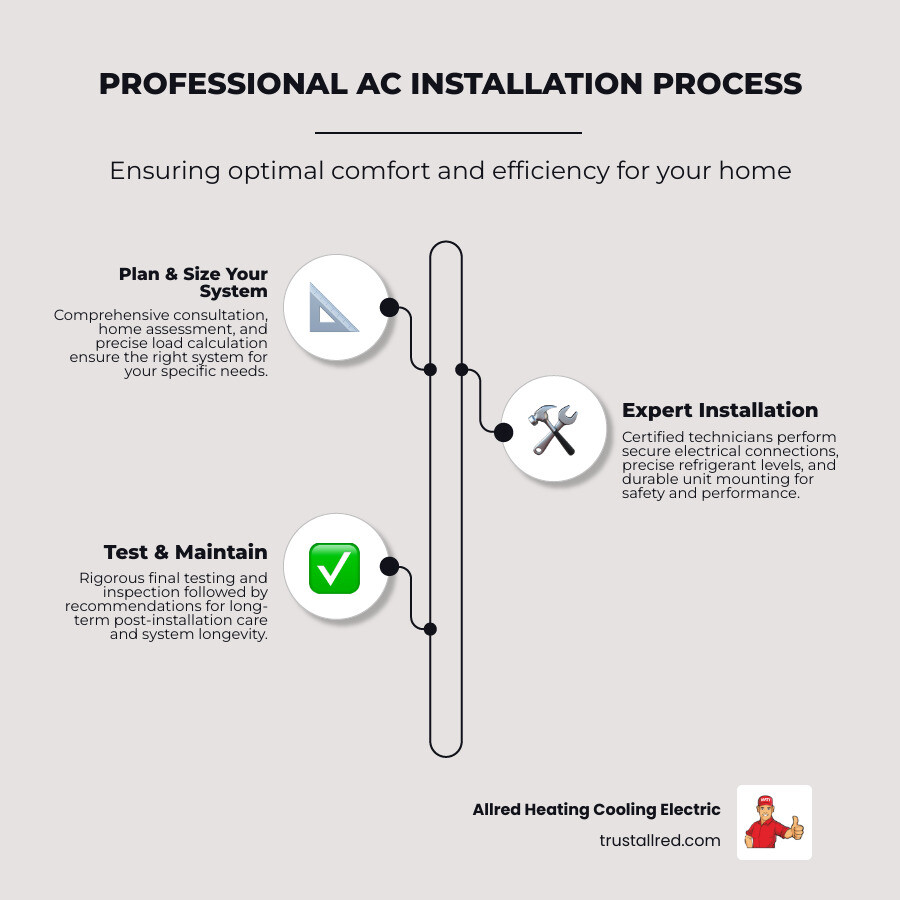 infographic showing the professional AC installation process including consultation and assessment, system selection based on home size and needs, proper sizing and load calculation, installation by certified technicians, final testing and inspection, and post-installation maintenance recommendations - ac installation company in maple valley, wa infographic infographic-line-3-steps-elegant_beige infographic showing the professional AC installation process including consultation and assessment, system selection based on home size and needs, proper sizing and load calculation, installation by certified technicians, final testing and inspection, and post-installation maintenance recommendations - ac installation company in maple valley, wa infographic infographic-line-3-steps-elegant_beige