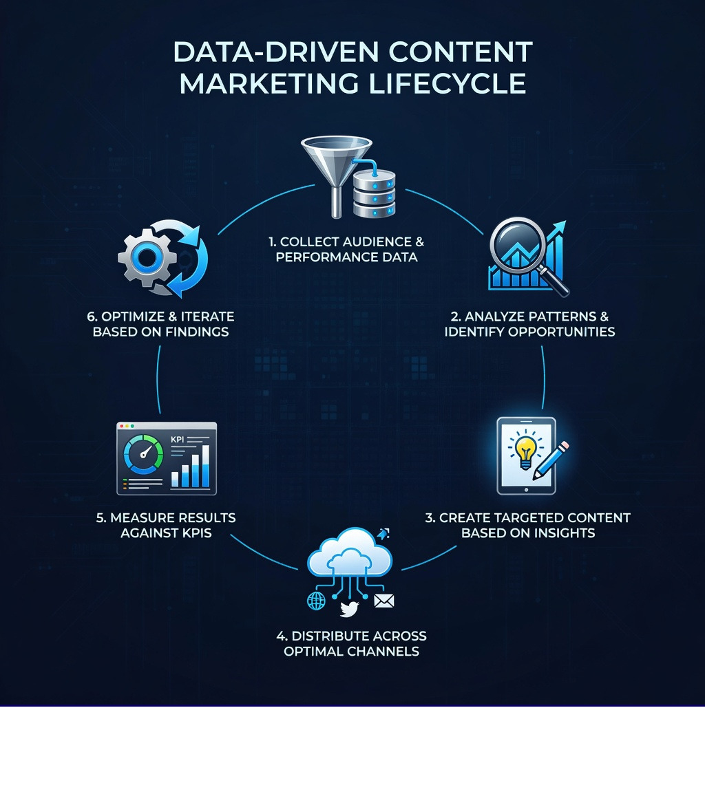 Infographic showing the data-driven content marketing lifecycle: collect audience and performance data, analyze patterns and identify opportunities, create targeted content based on insights, distribute across optimal channels, measure results against KPIs, optimize and iterate based on findings - what is data driven content marketing infographic 
