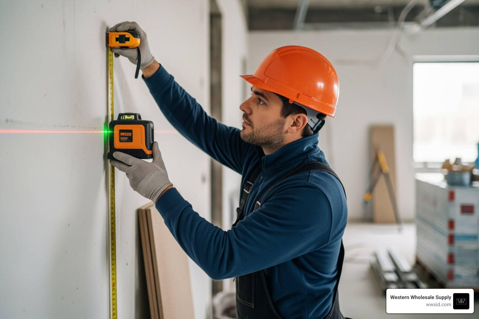 Contractor using a laser level and measuring tape to perform a site assessment for a new ceiling installation - acoustic ceiling installation Contractor using a laser level and measuring tape to perform a site assessment for a new ceiling installation - acoustic ceiling installation