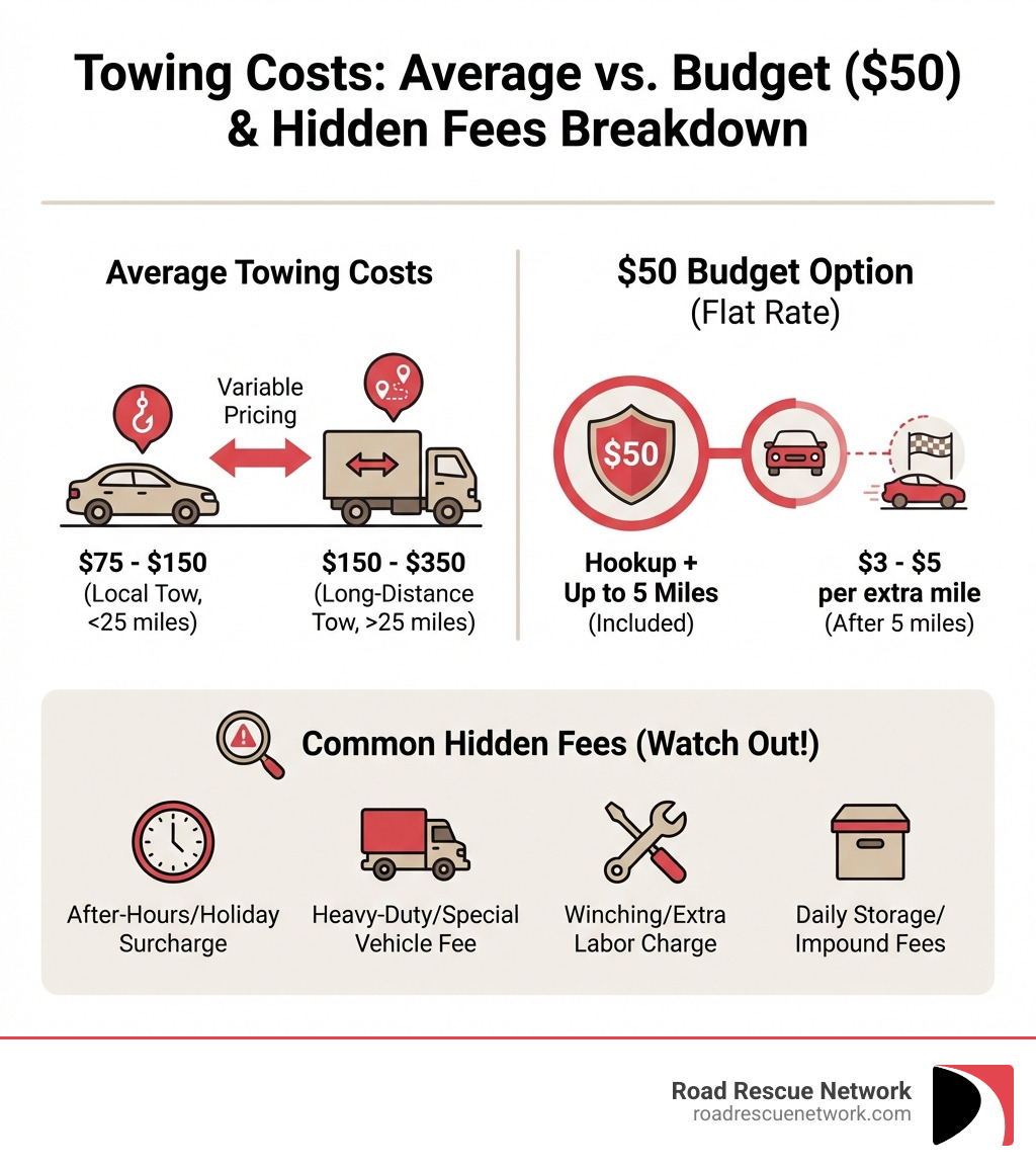 infographic showing average towing costs compared to budget $50 options with distance limits and common hidden fees breakdown - $50 tow truck near me infographic 