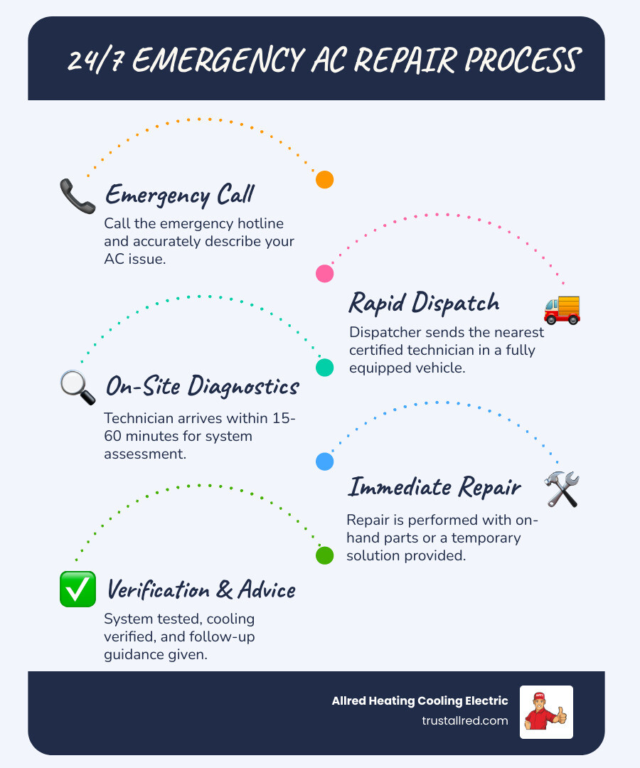 Infographic showing the 24/7 emergency AC repair process: Step 1 - Call emergency hotline and describe issue; Step 2 - Dispatcher sends nearest certified technician with equipped vehicle; Step 3 - Technician arrives within 15-60 minutes; Step 4 - Complete system diagnostics and assessment; Step 5 - Immediate repair with on-hand parts or temporary solution; Step 6 - Testing and verification of restored cooling; Step 7 - Follow-up recommendations and preventive guidance - 24 hour ac repair in kirkland, wa infographic infographic-line-5-steps-blues-accent_colors Infographic showing the 24/7 emergency AC repair process: Step 1 - Call emergency hotline and describe issue; Step 2 - Dispatcher sends nearest certified technician with equipped vehicle; Step 3 - Technician arrives within 15-60 minutes; Step 4 - Complete system diagnostics and assessment; Step 5 - Immediate repair with on-hand parts or temporary solution; Step 6 - Testing and verification of restored cooling; Step 7 - Follow-up recommendations and preventive guidance - 24 hour ac repair in kirkland, wa infographic infographic-line-5-steps-blues-accent_colors