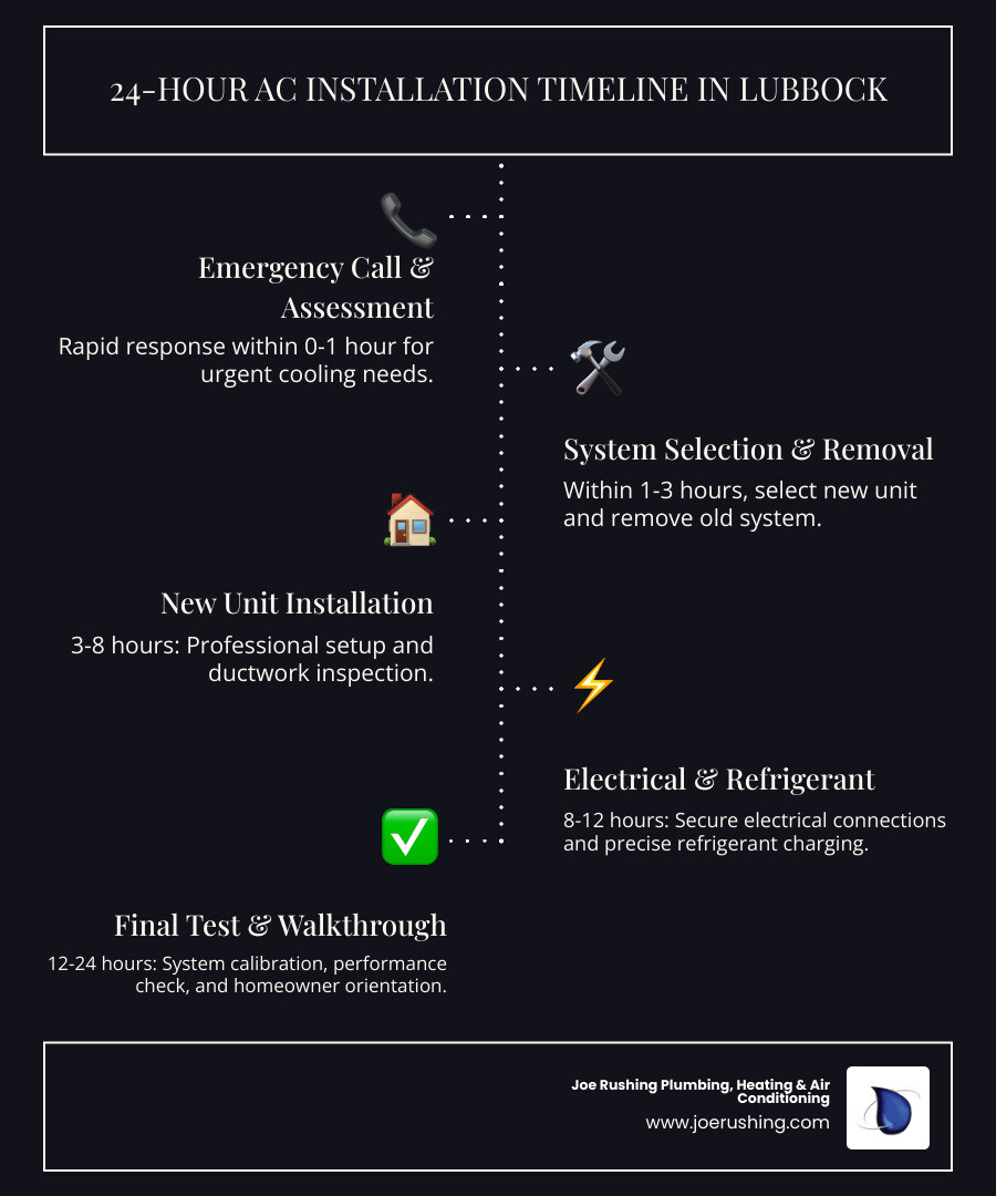 Infographic showing 24-hour AC installation timeline in Lubbock: Hour 0-1 Emergency call and rapid assessment, Hour 1-3 System selection and old unit removal, Hour 3-8 New installation and ductwork inspection, Hour 8-12 Electrical connections and refrigerant charging, Hour 12-24 Final testing, calibration, and homeowner walkthrough - 24 hour air conditioning installation in lubbock, tx infographic infographic-line-5-steps-dark