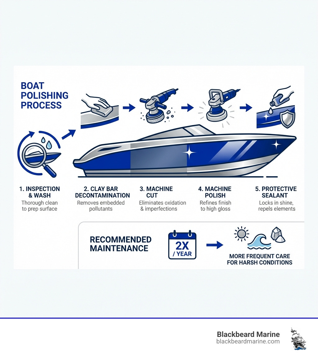 infographic showing boat polishing process: inspection and wash, clay bar decontamination, machine cut to remove oxidation, machine polish for refinement, protective sealant application, and recommended maintenance schedule of twice yearly with more frequent care for harsh conditions - boat polishing near me infographic 